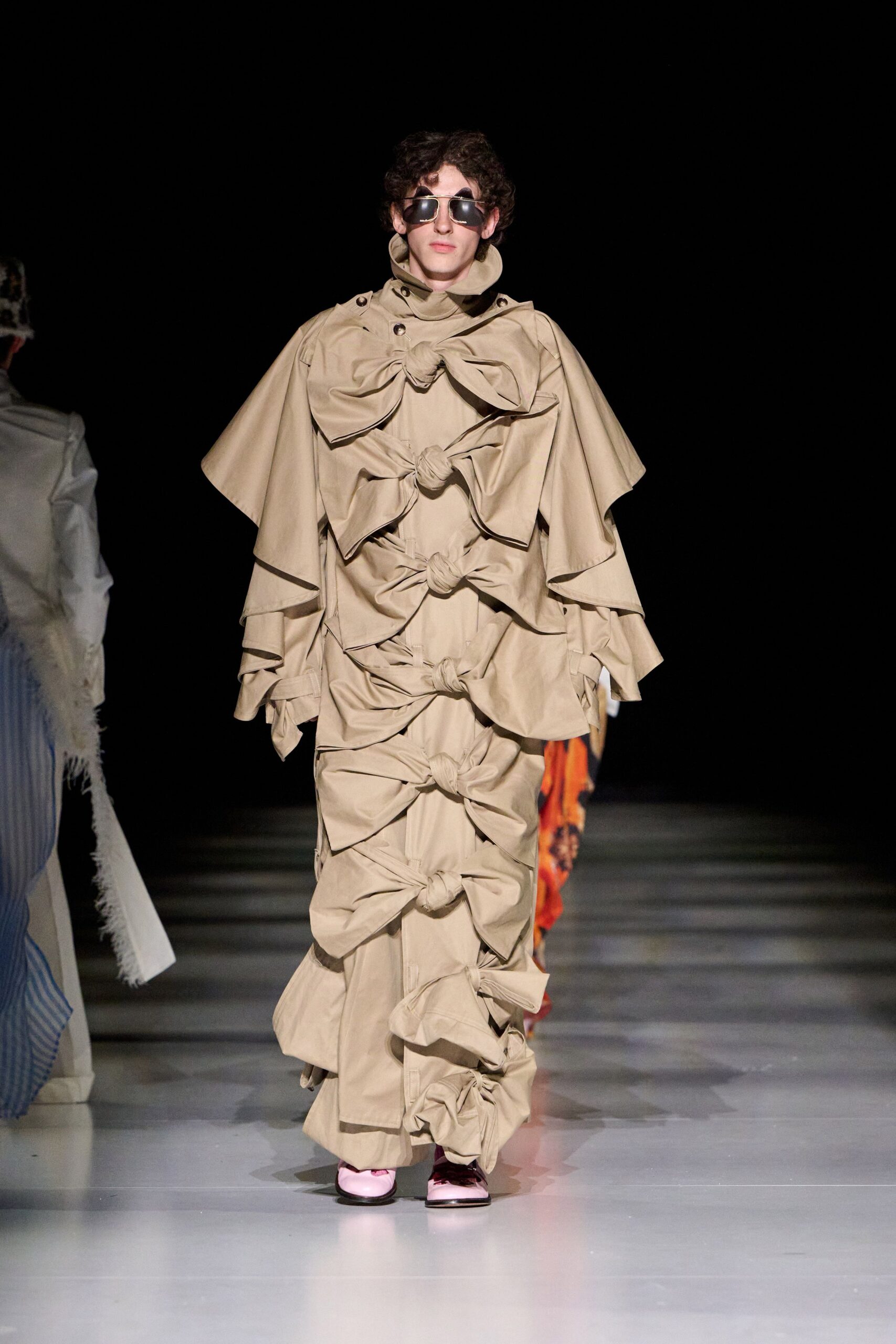 beige cotton long-sleeve relaxed ruffled maxi dress
