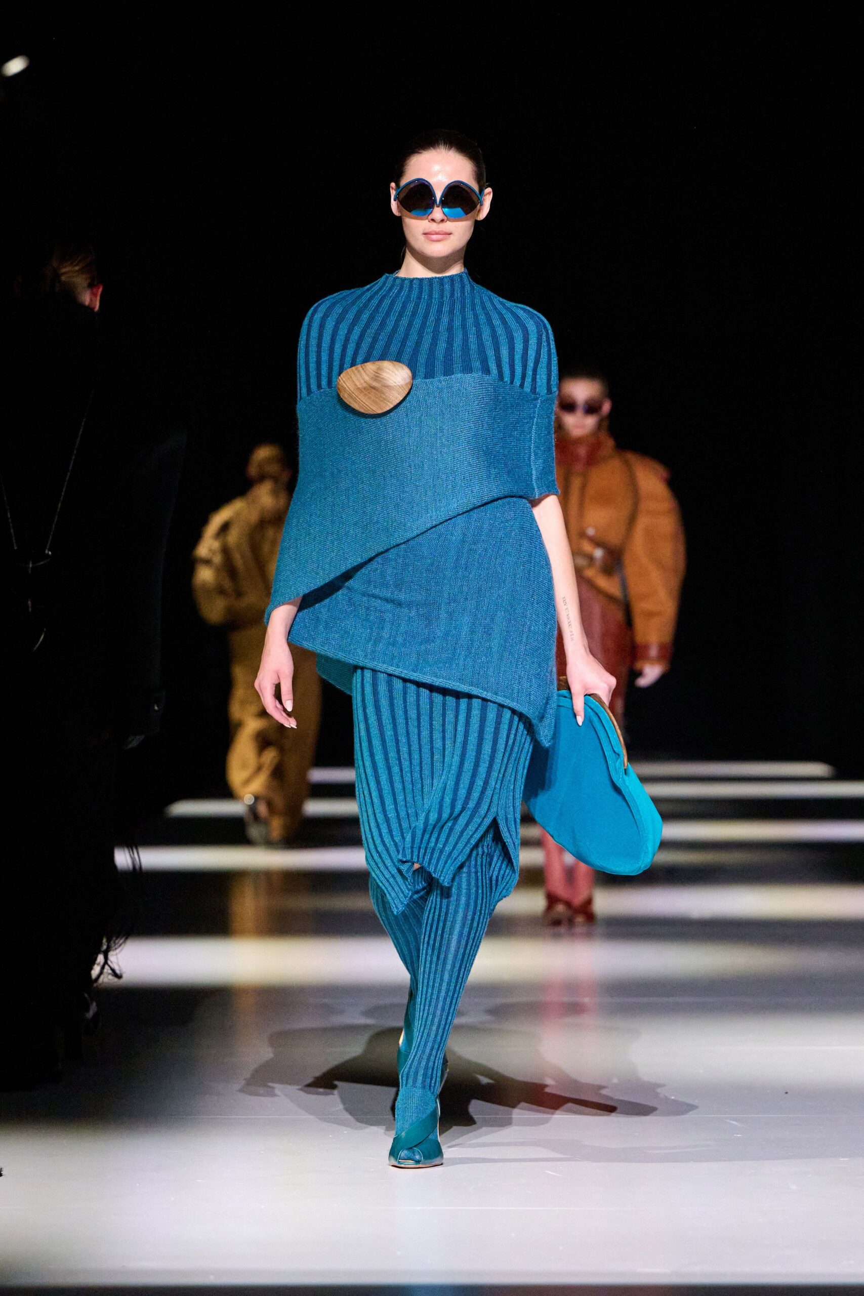 blue knit long-sleeve high-neck fitted ribbed midi dress