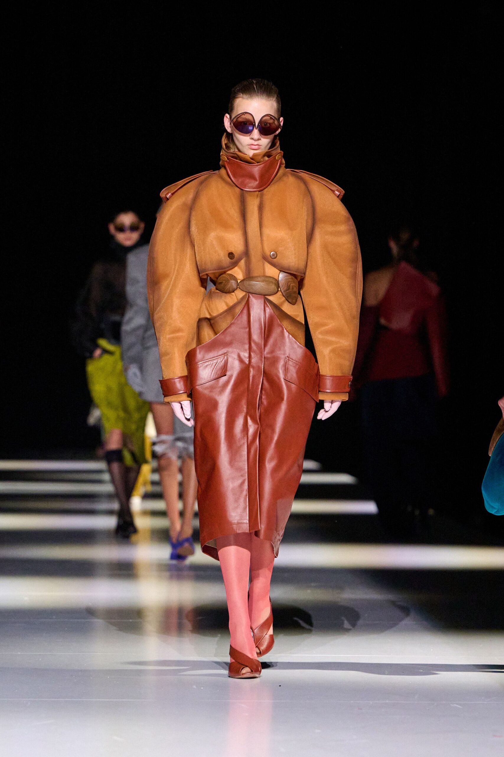 brown leather long-sleeve collared structured buttoned jacket