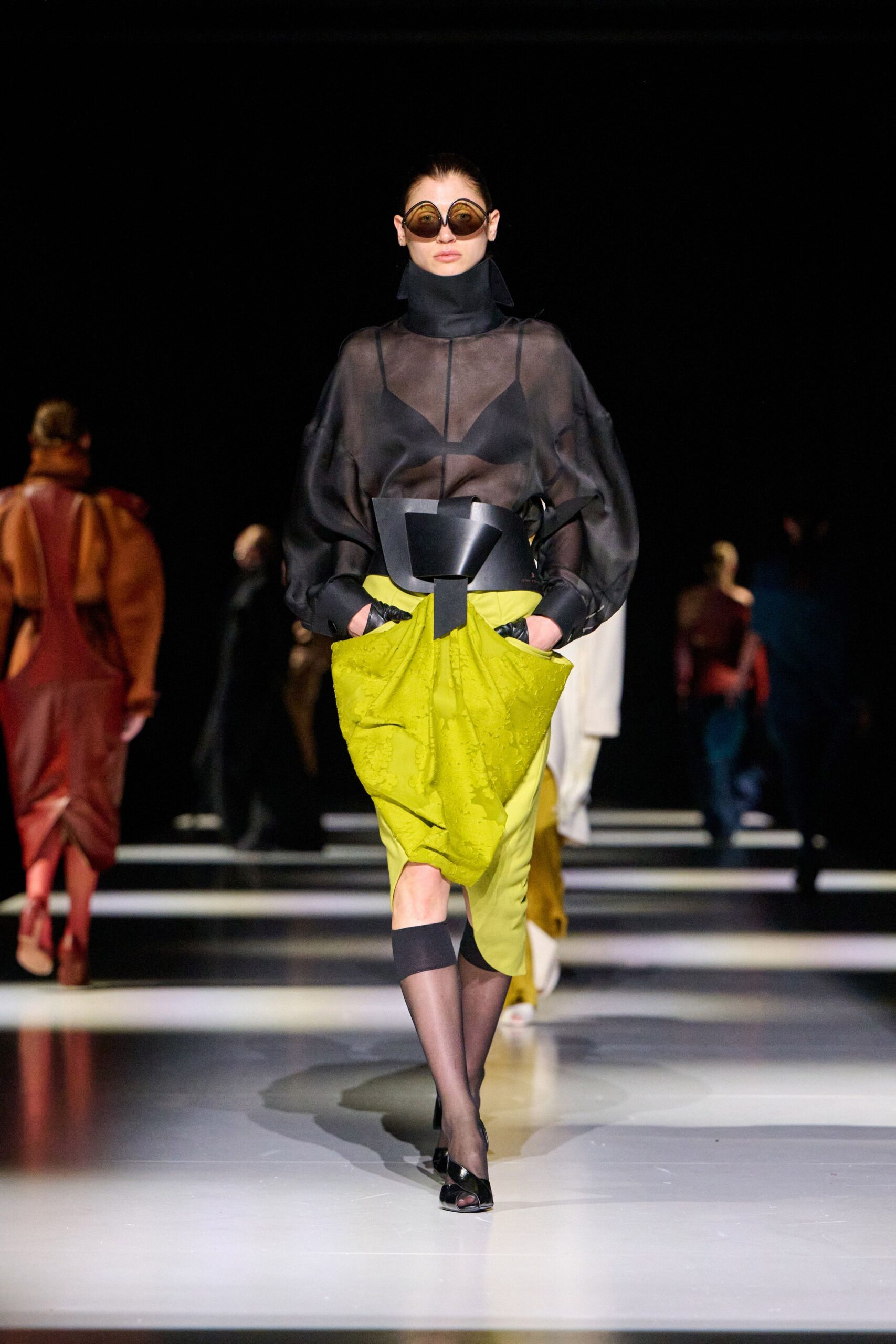 black long-sleeve high-neck relaxed pleated sheer top
