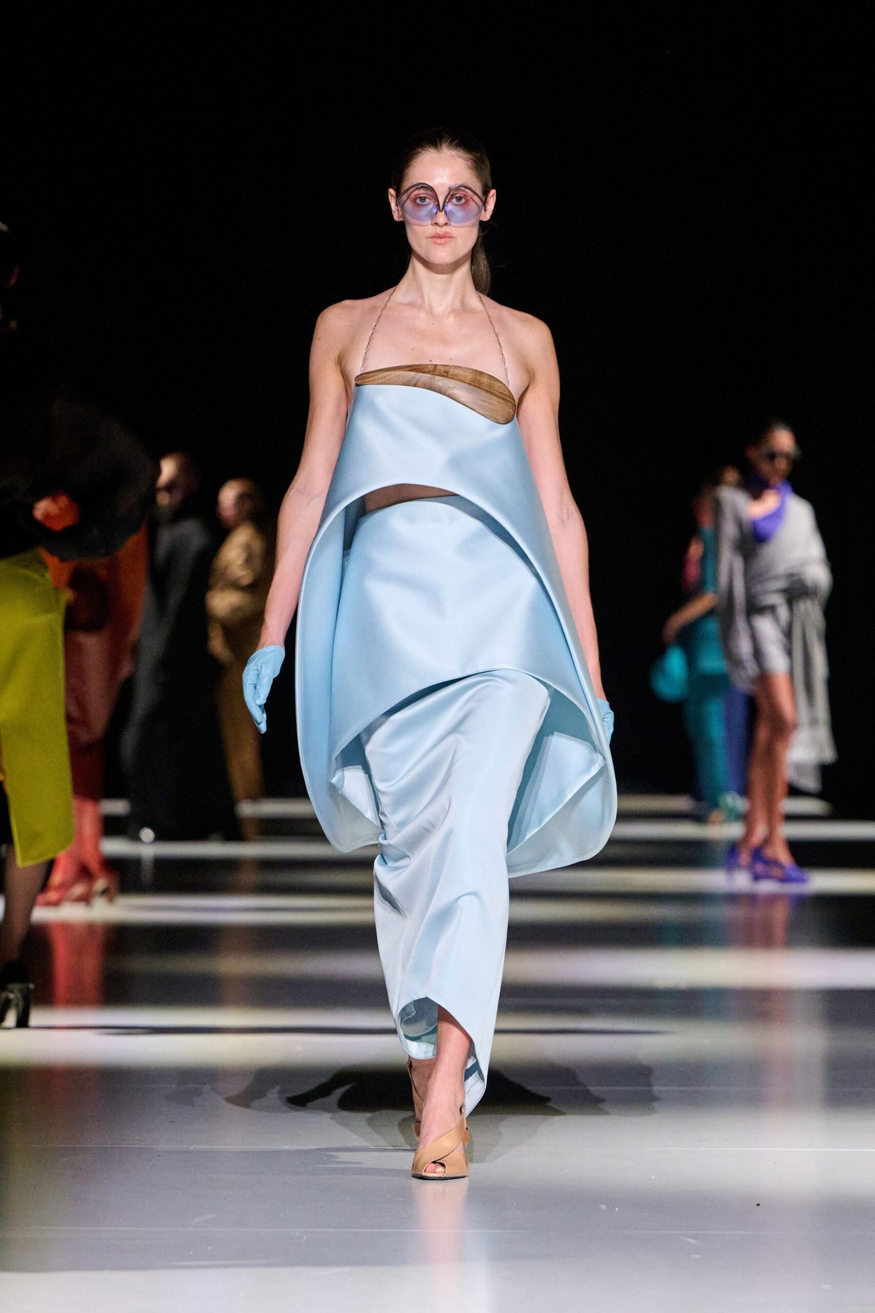 blue silk sleeveless off-shoulder fitted draped midi dress