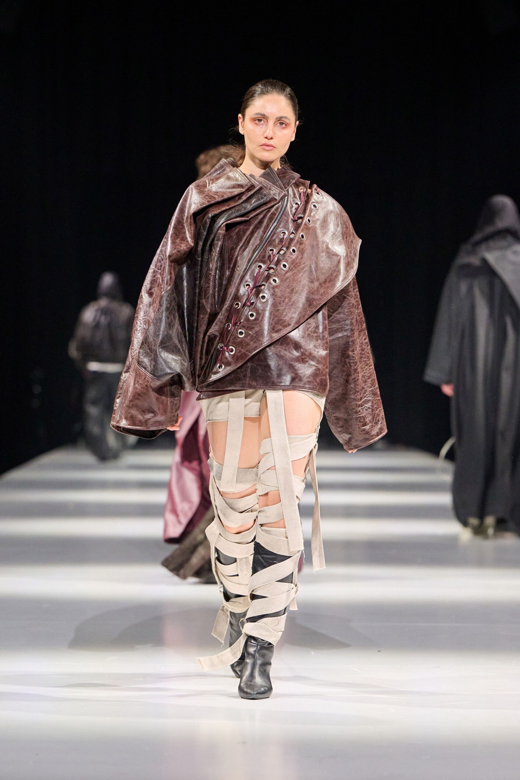 brown leather long-sleeve asymmetric relaxed buttoned top