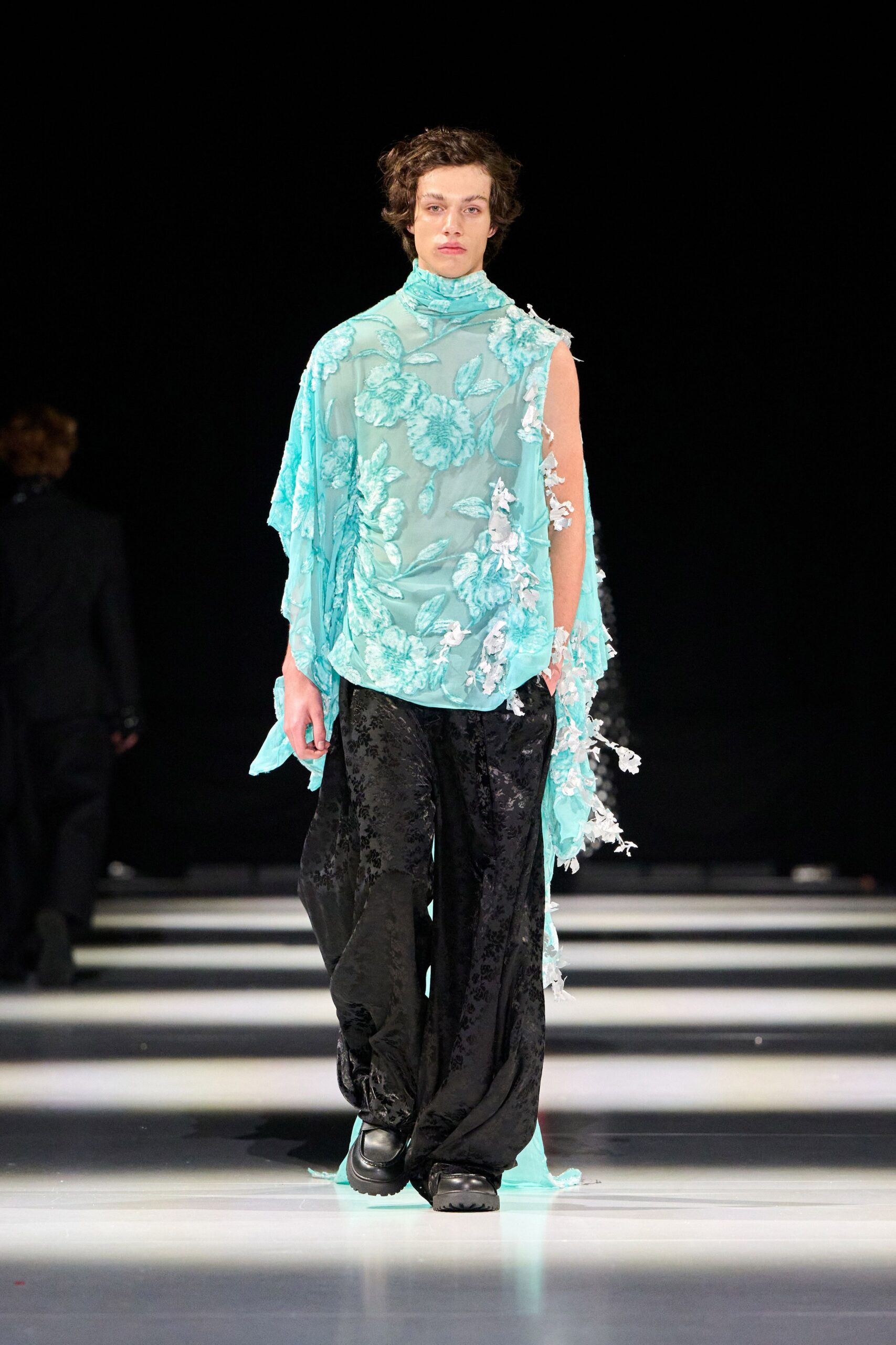 teal chiffon sleeveless high-neck relaxed embroidered layered top