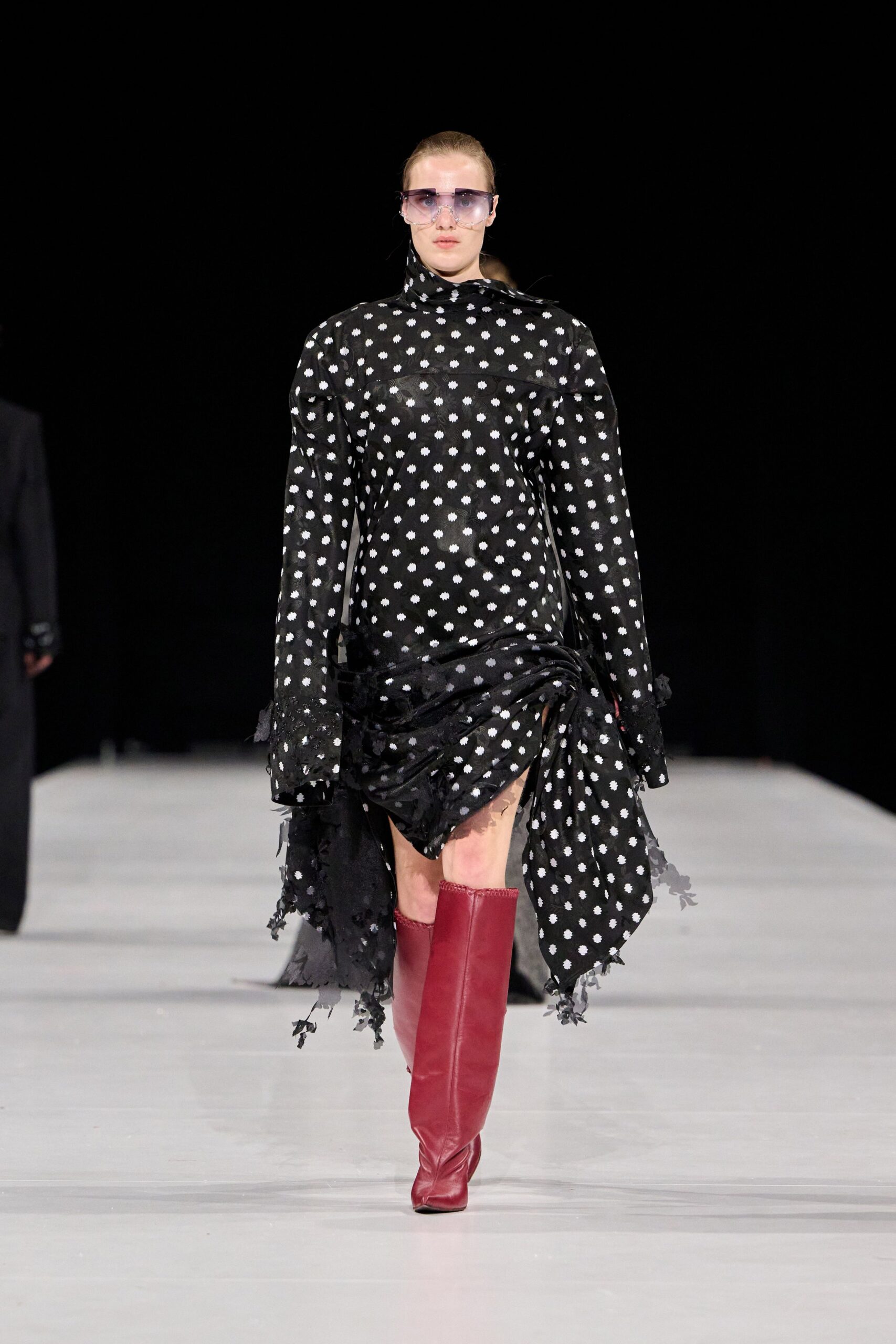 black silk long-sleeve high-neck fitted polka-dot layered dress