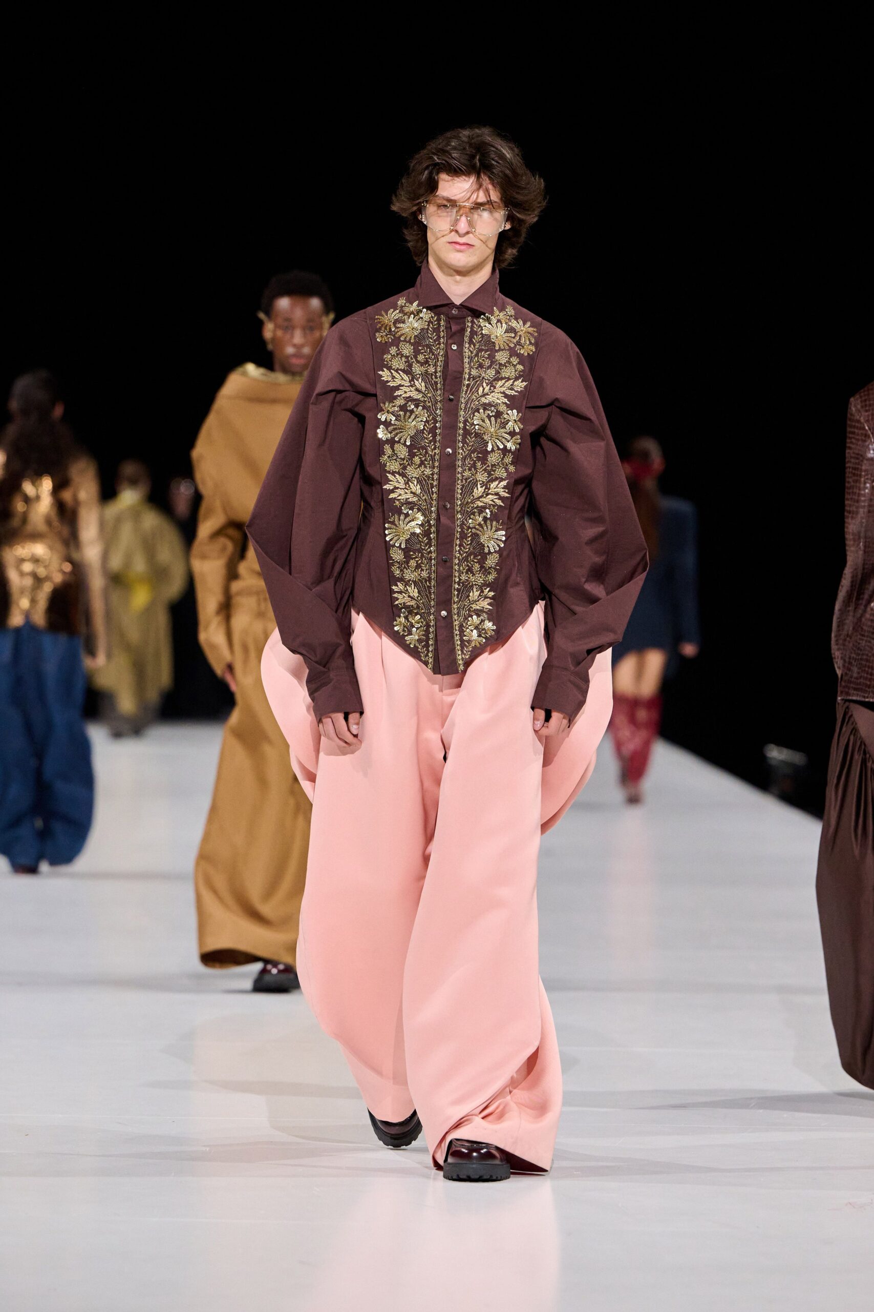 brown cotton long-sleeve collared relaxed embroidered shirt