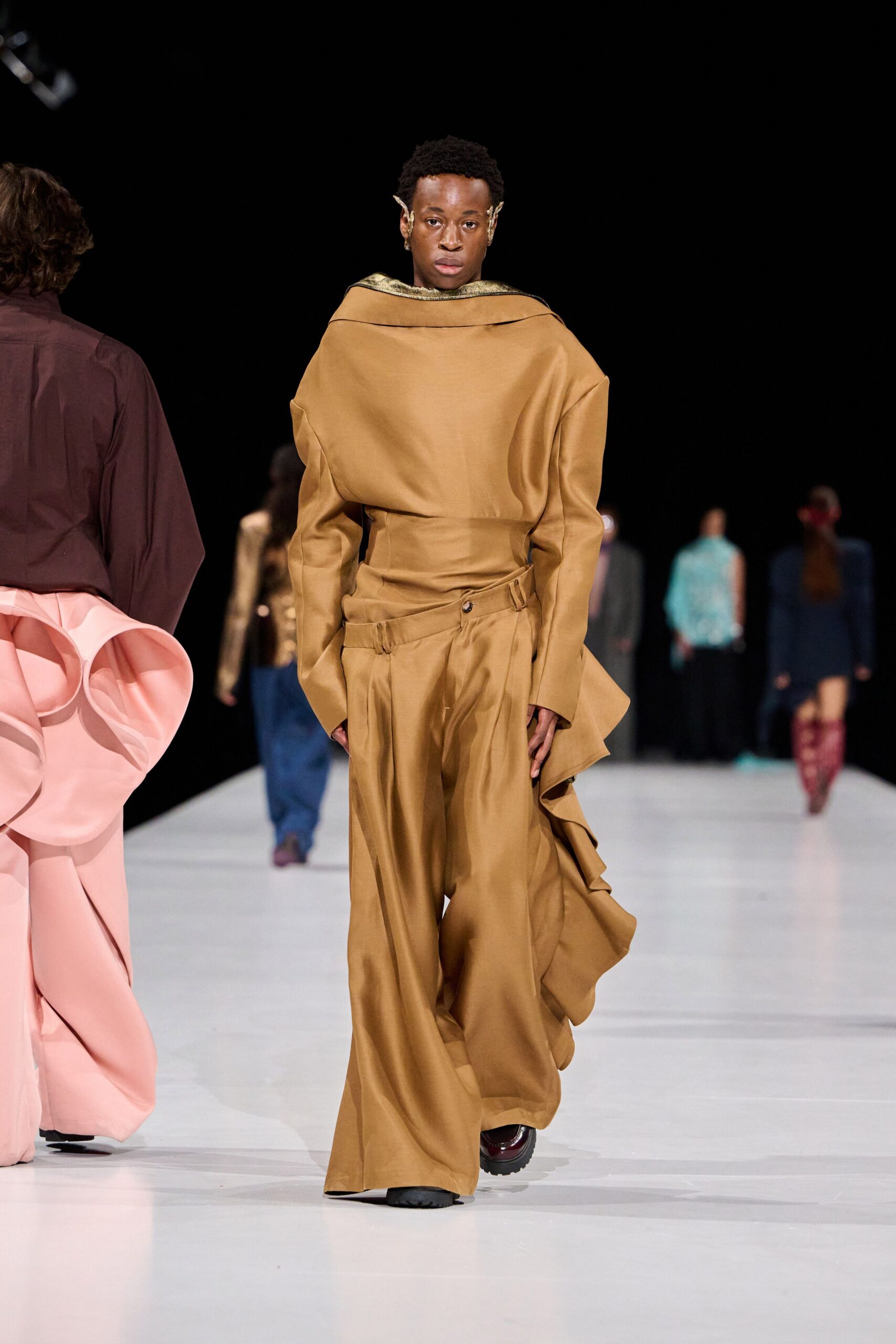 brown silk long-sleeve high-neck relaxed draped top