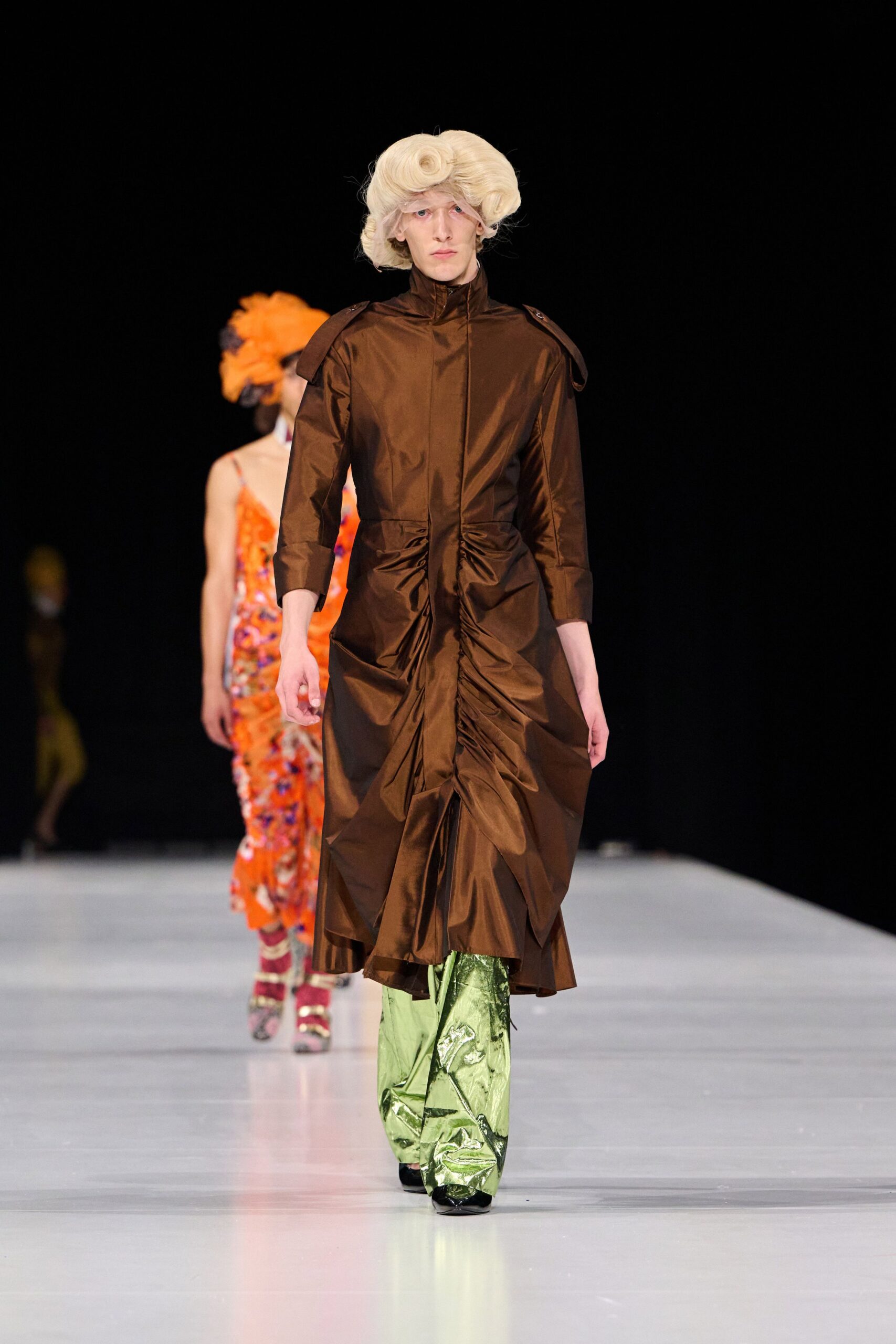 brown silk long-sleeve collared fitted pleated draped dress