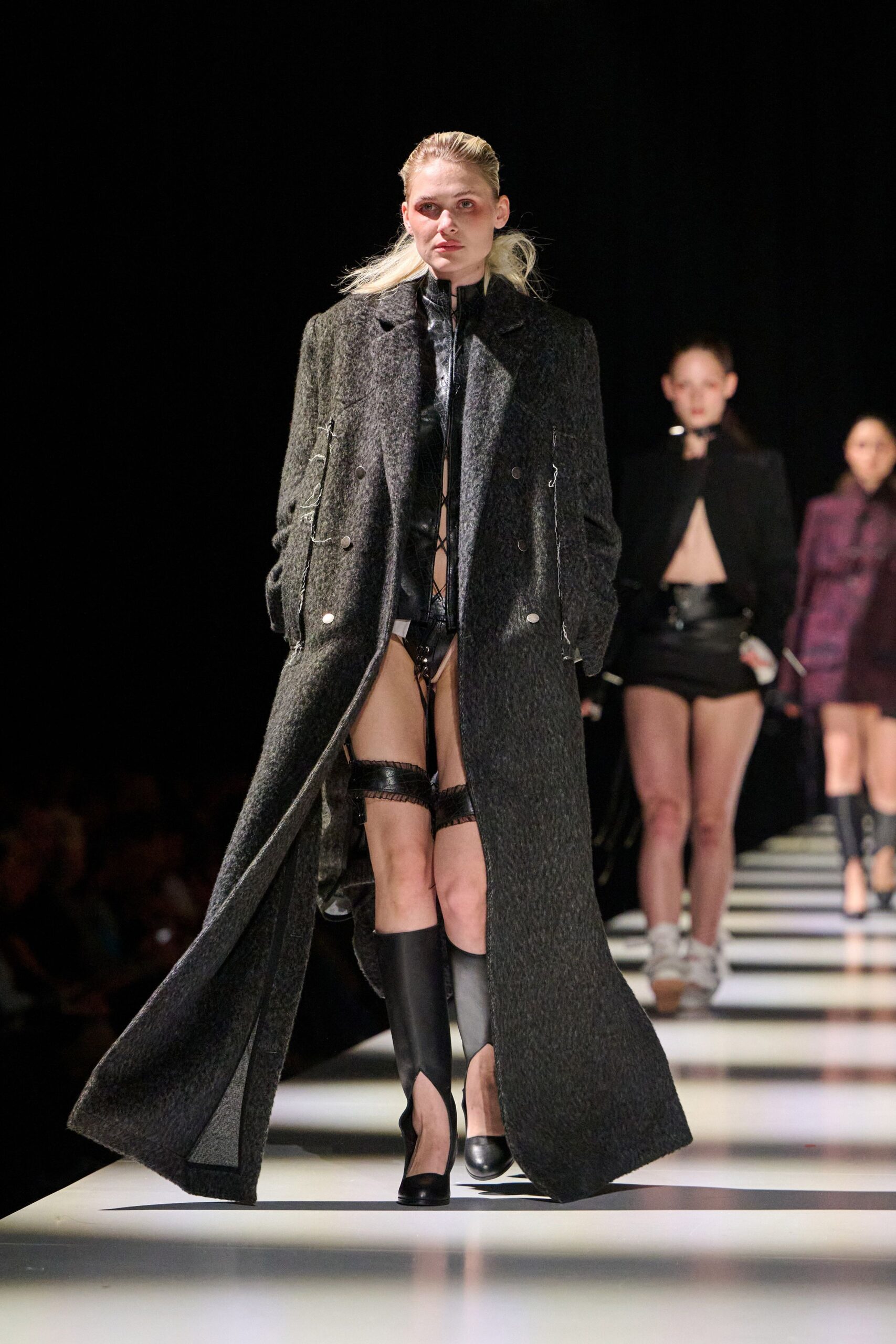 black wool long-sleeve collared fitted buttoned maxi coat