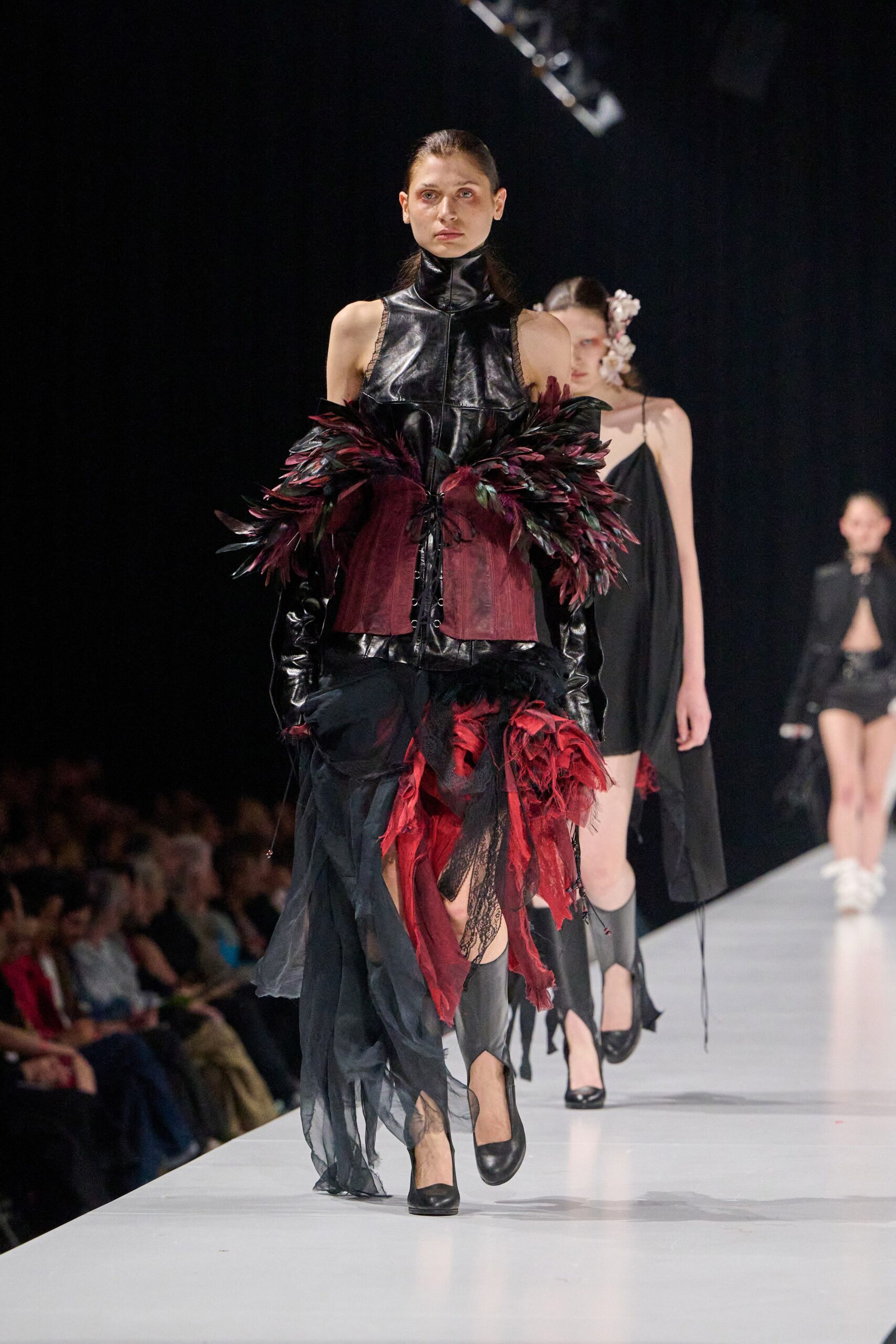 black leather sleeveless high-neck fitted ruffled layered dress