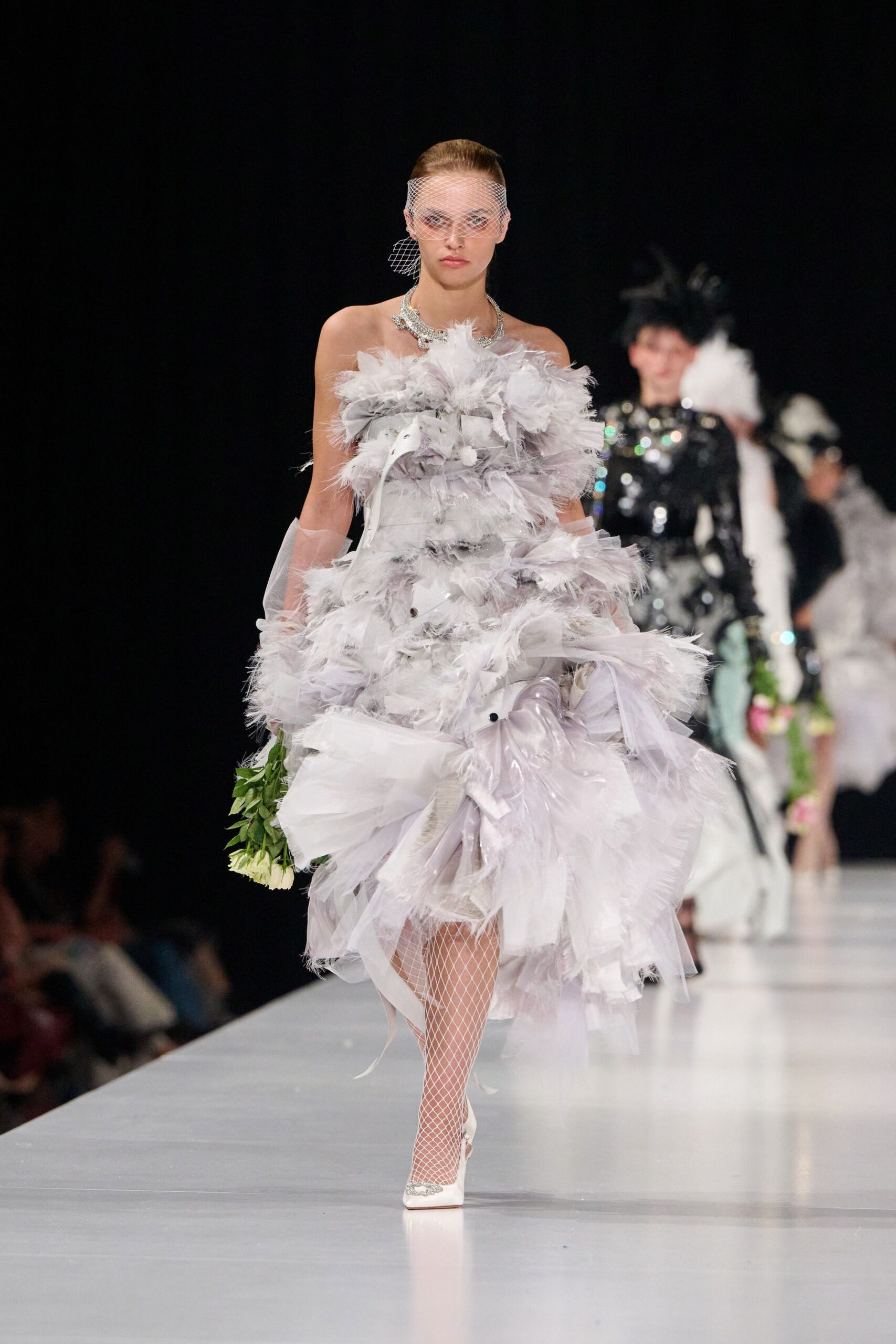 white tulle sleeveless v-neck fitted ruffled layered dress