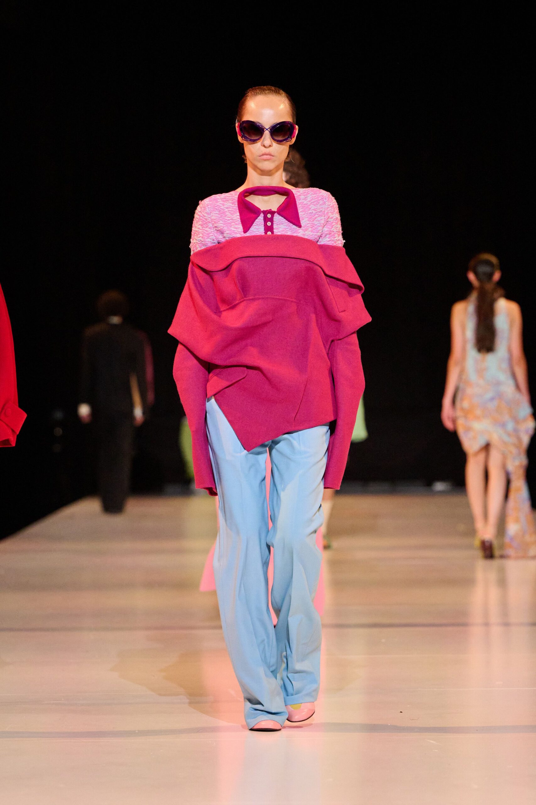 pink cotton long-sleeve collared relaxed layered top