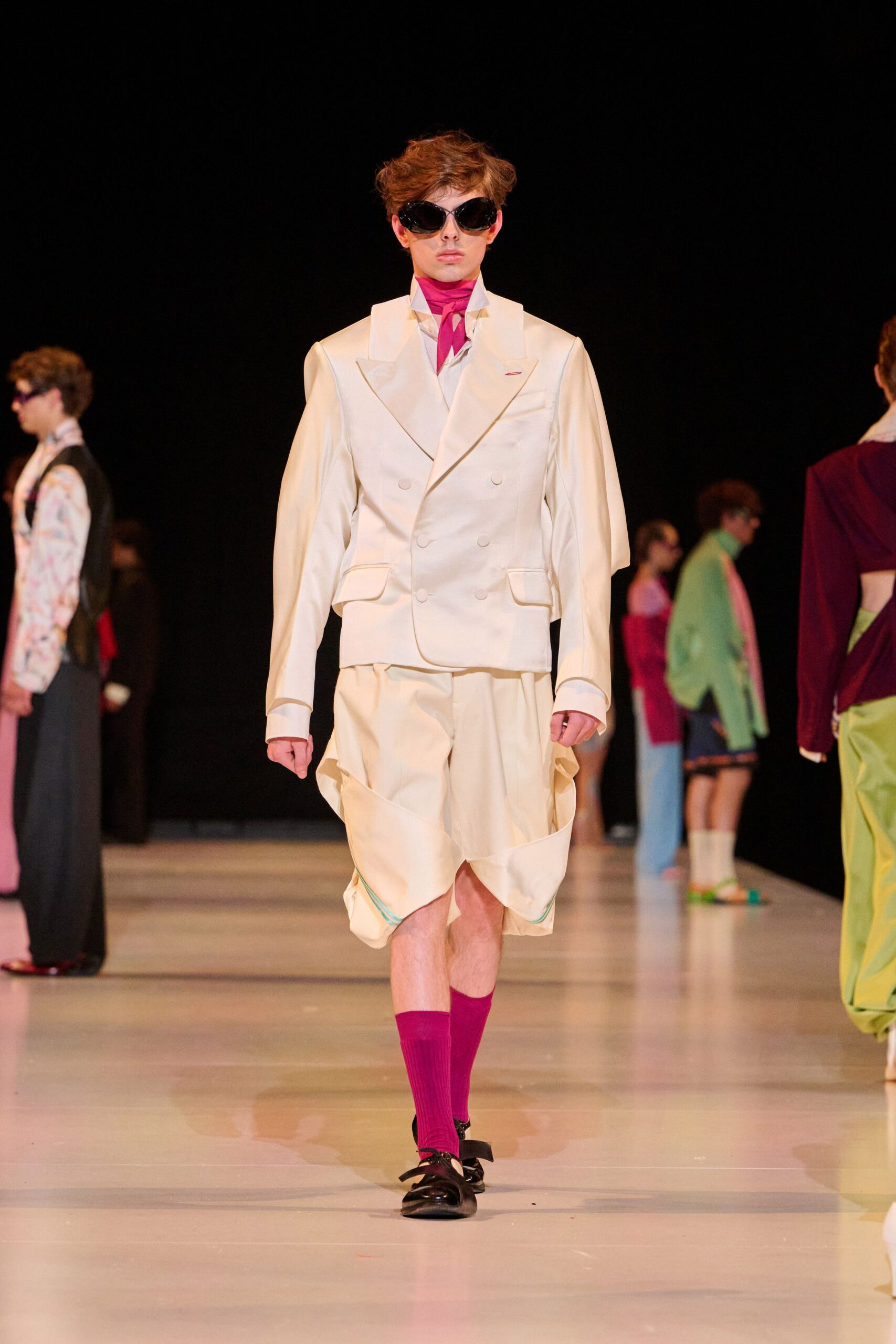beige leather long-sleeve collared structured buttoned suit