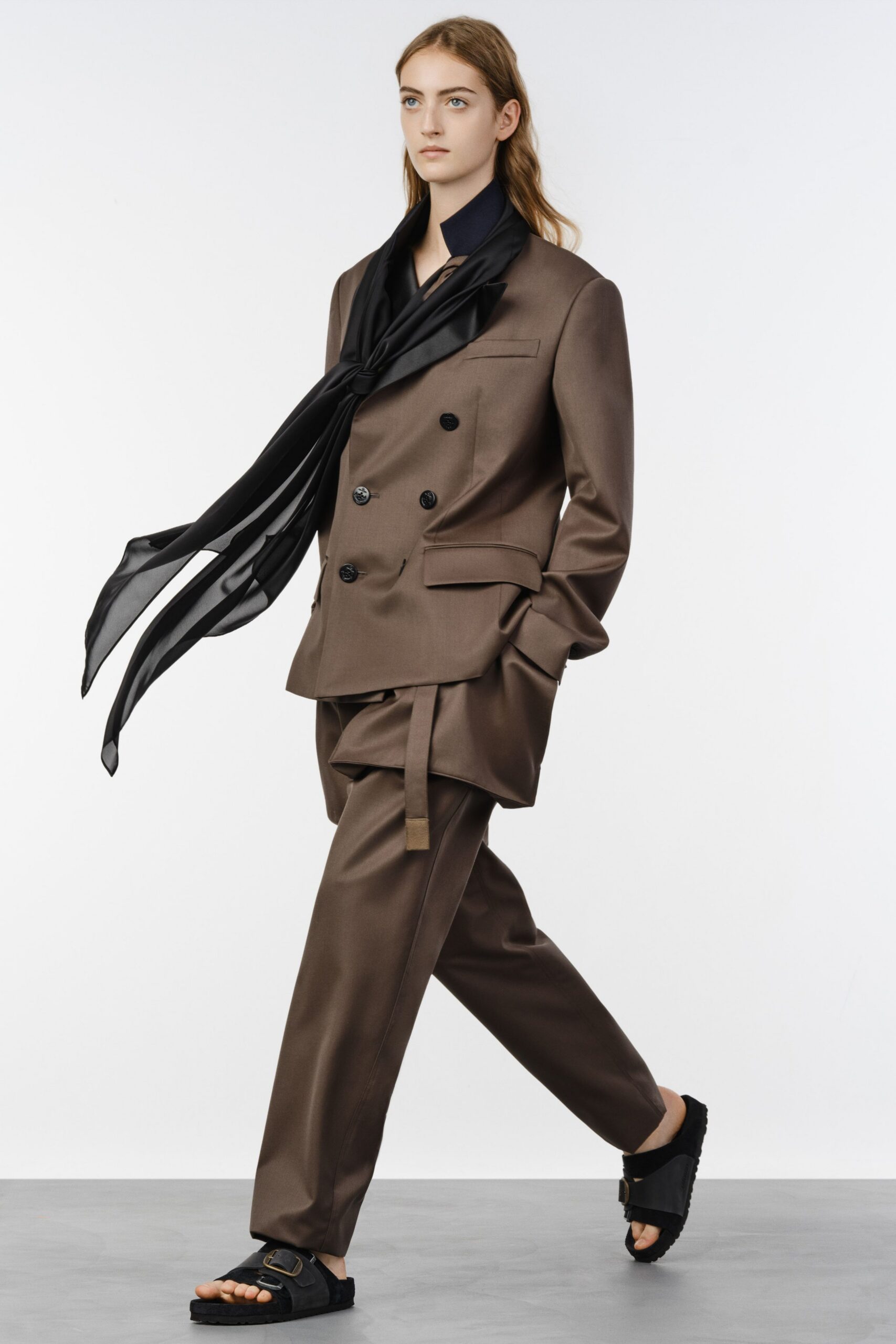 brown silk long-sleeve collared tailored zippered suit