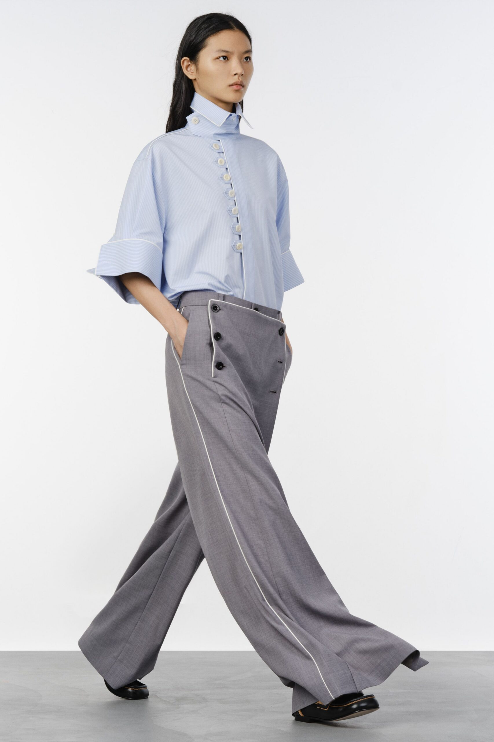 gray wool tailored high-waisted wide-leg buttoned pants