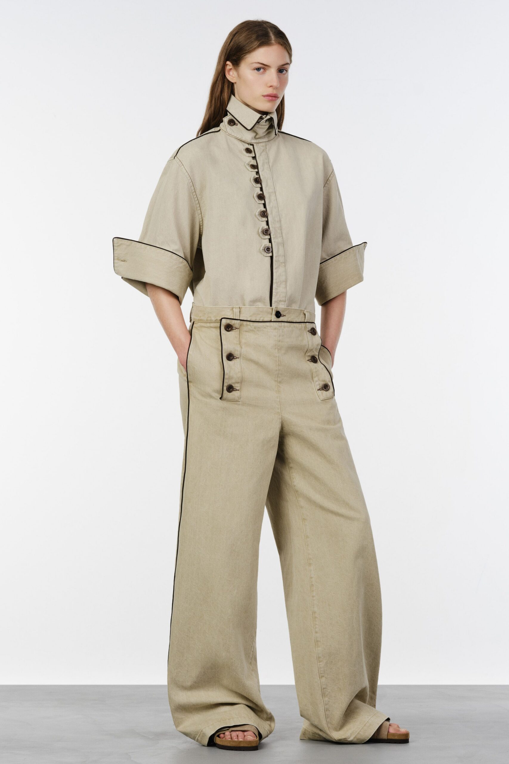 beige denim short-sleeve collared relaxed buttoned wide-leg jumpsuit