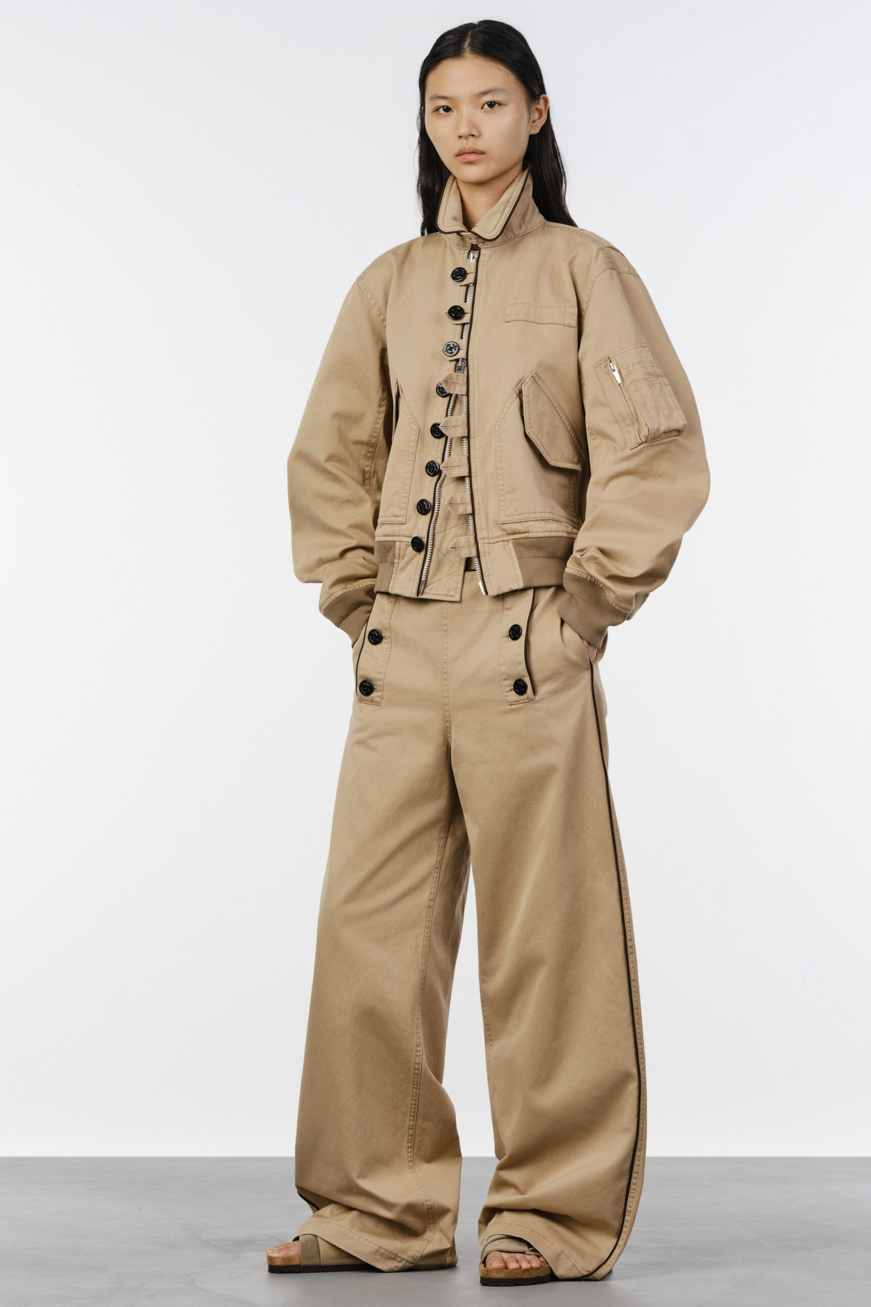beige cotton long-sleeve collared oversized buttoned jacket