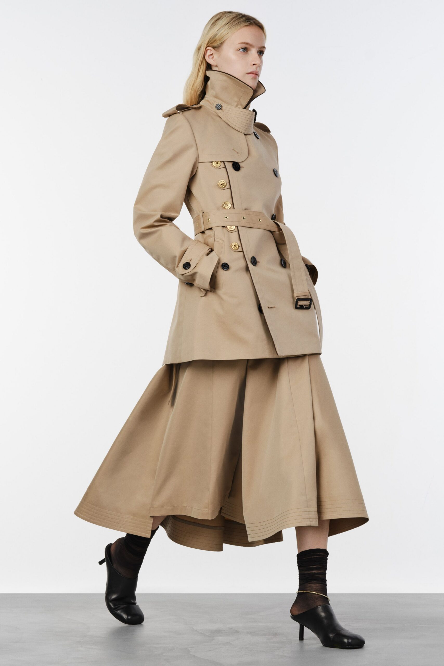 beige cotton long-sleeve collared structured belted trench