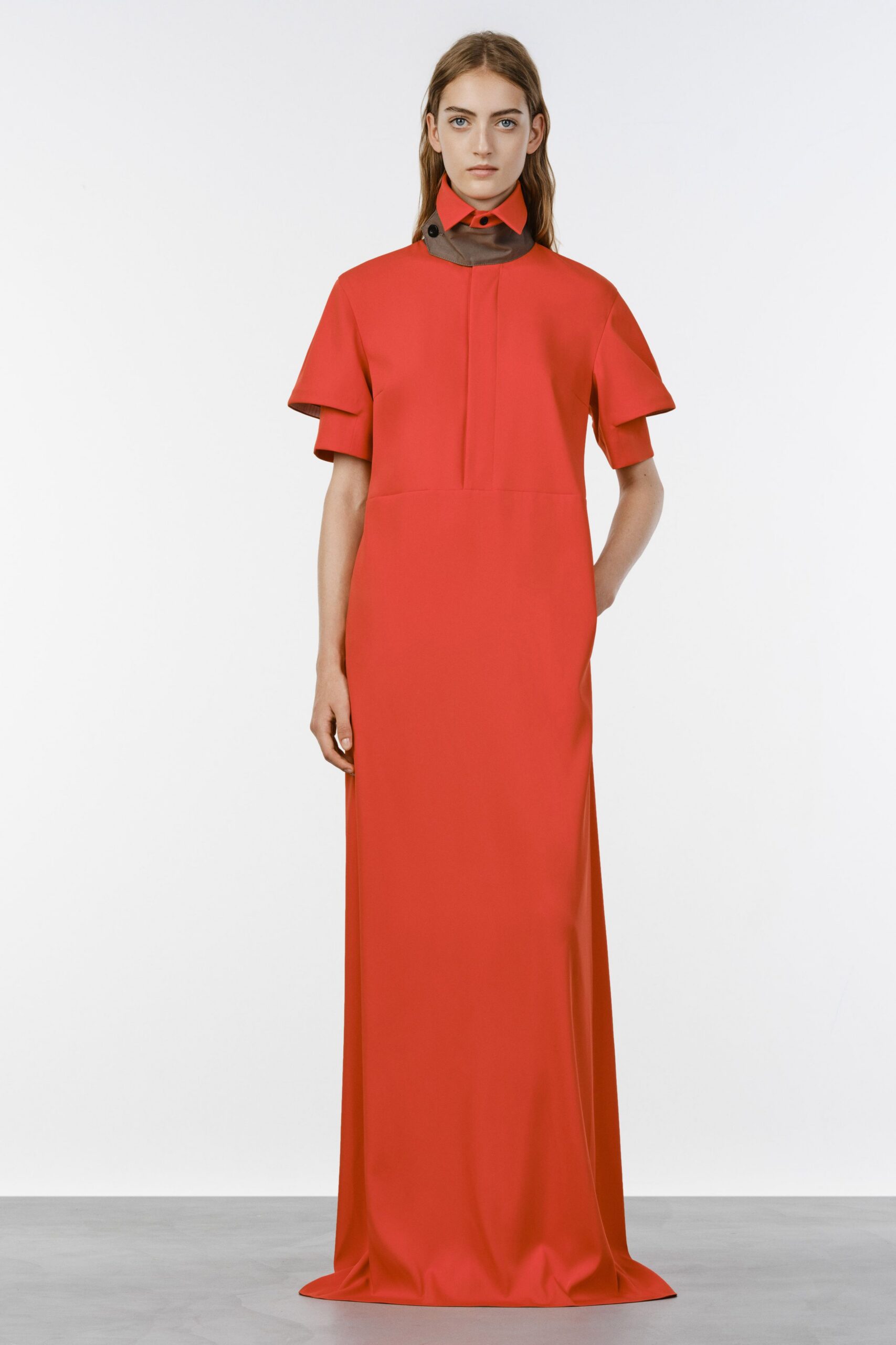 red fitted collared gown