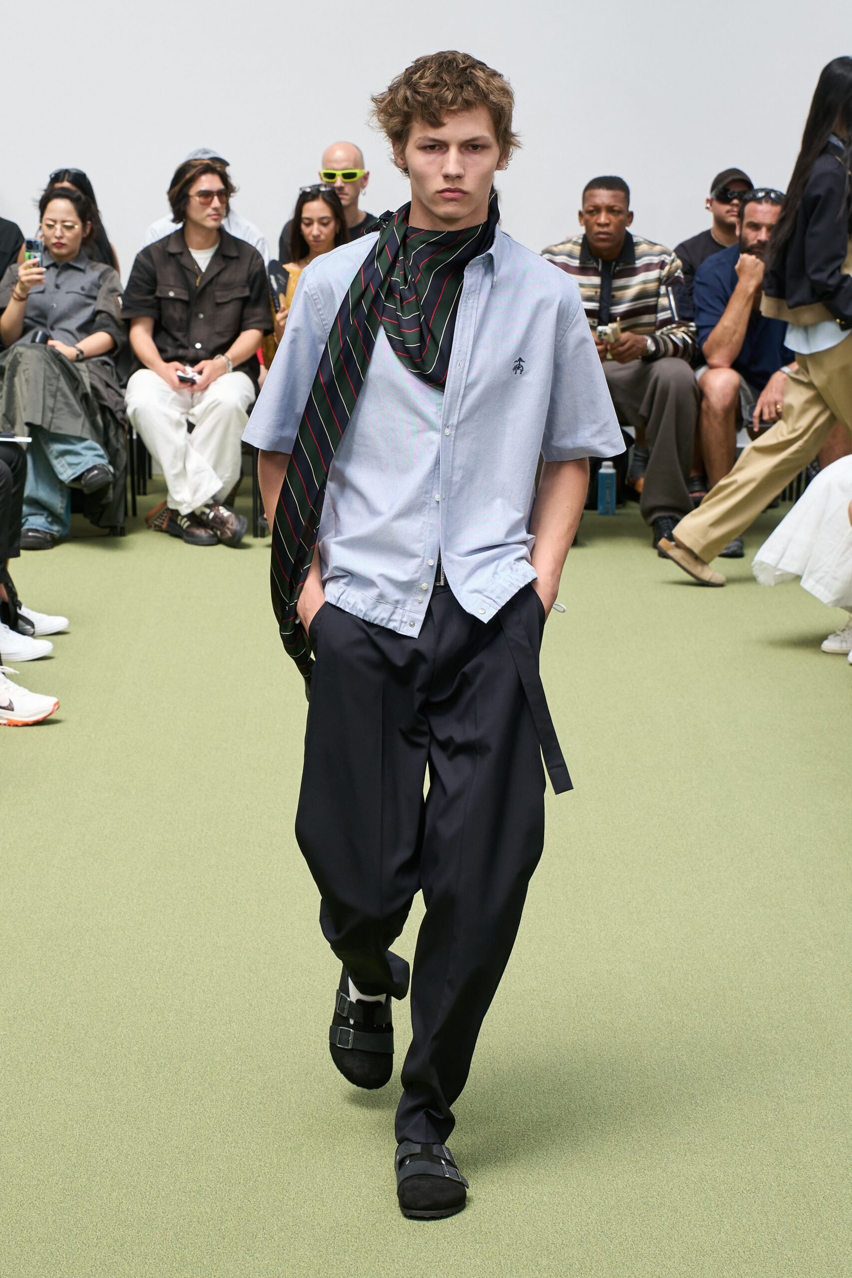 blue cotton shirt with black pants