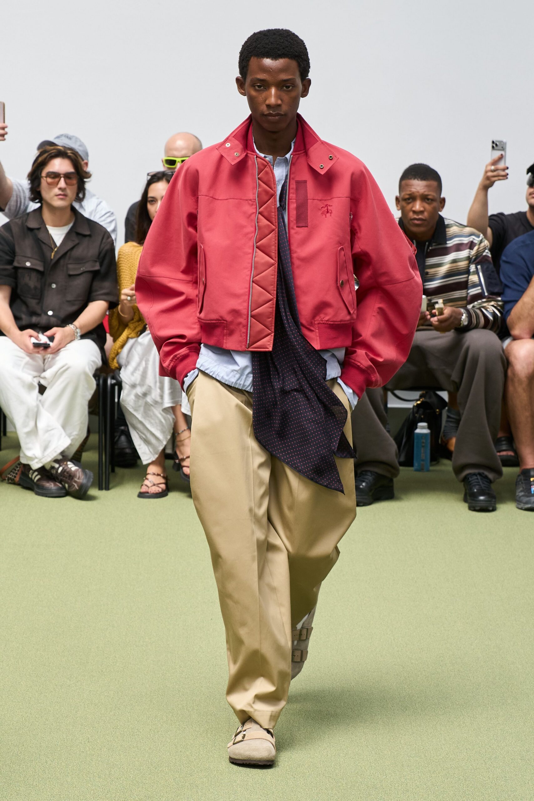 red cotton long-sleeve collared relaxed jacket