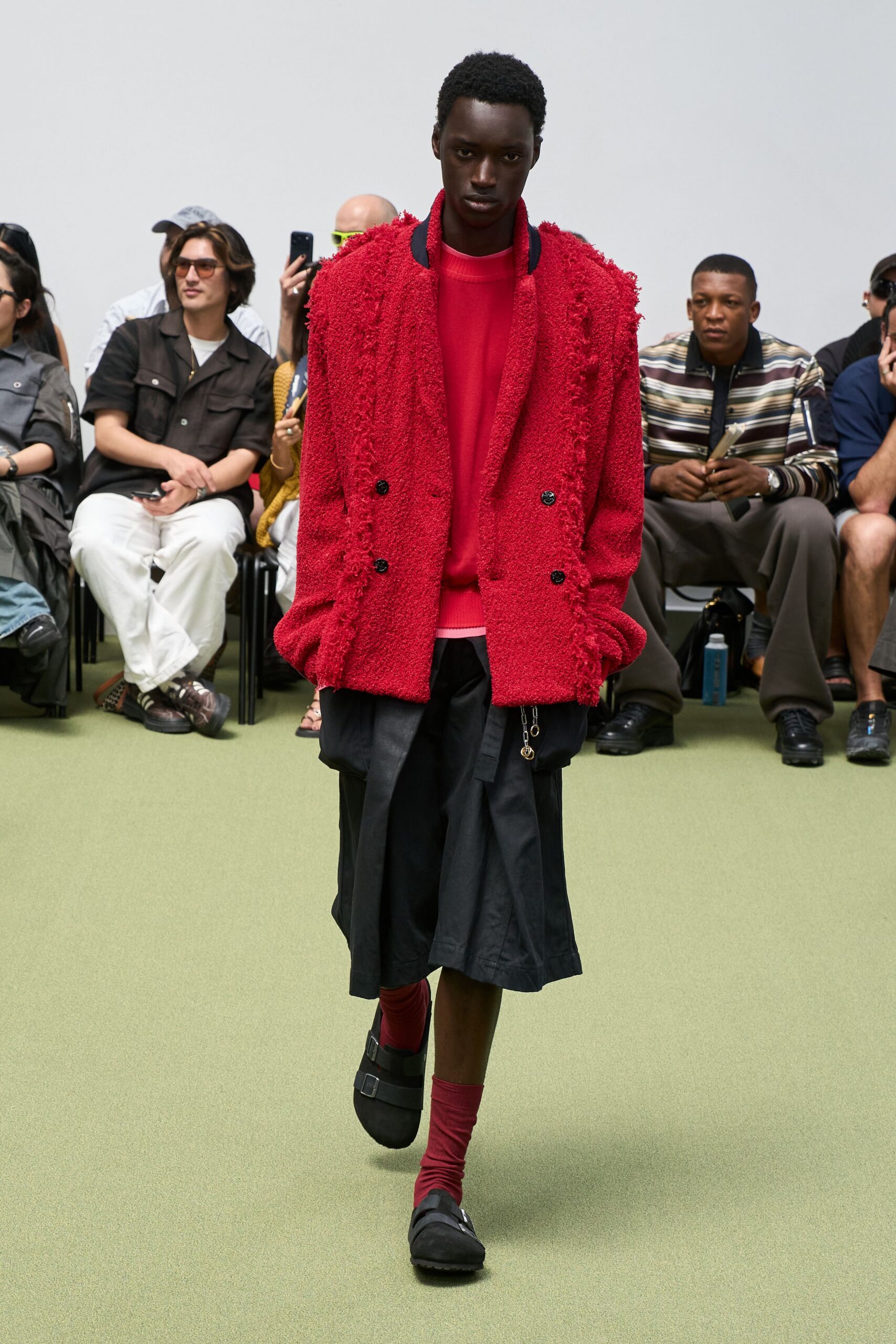 red wool long-sleeve collared relaxed fringed jacket