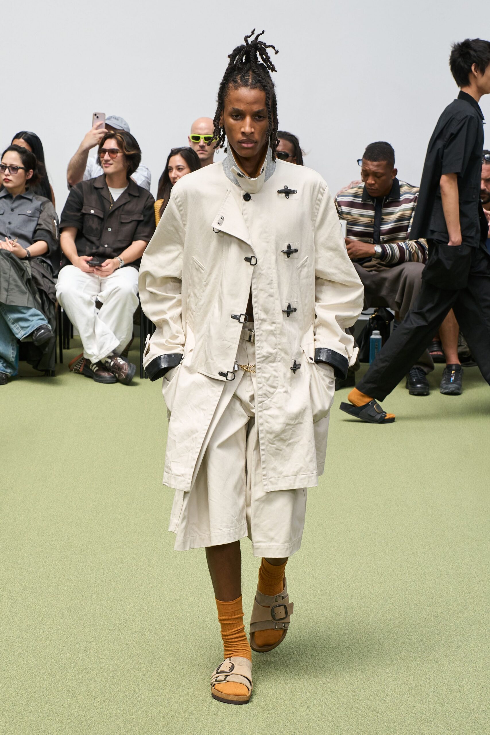 beige cotton trench coat with shorts
