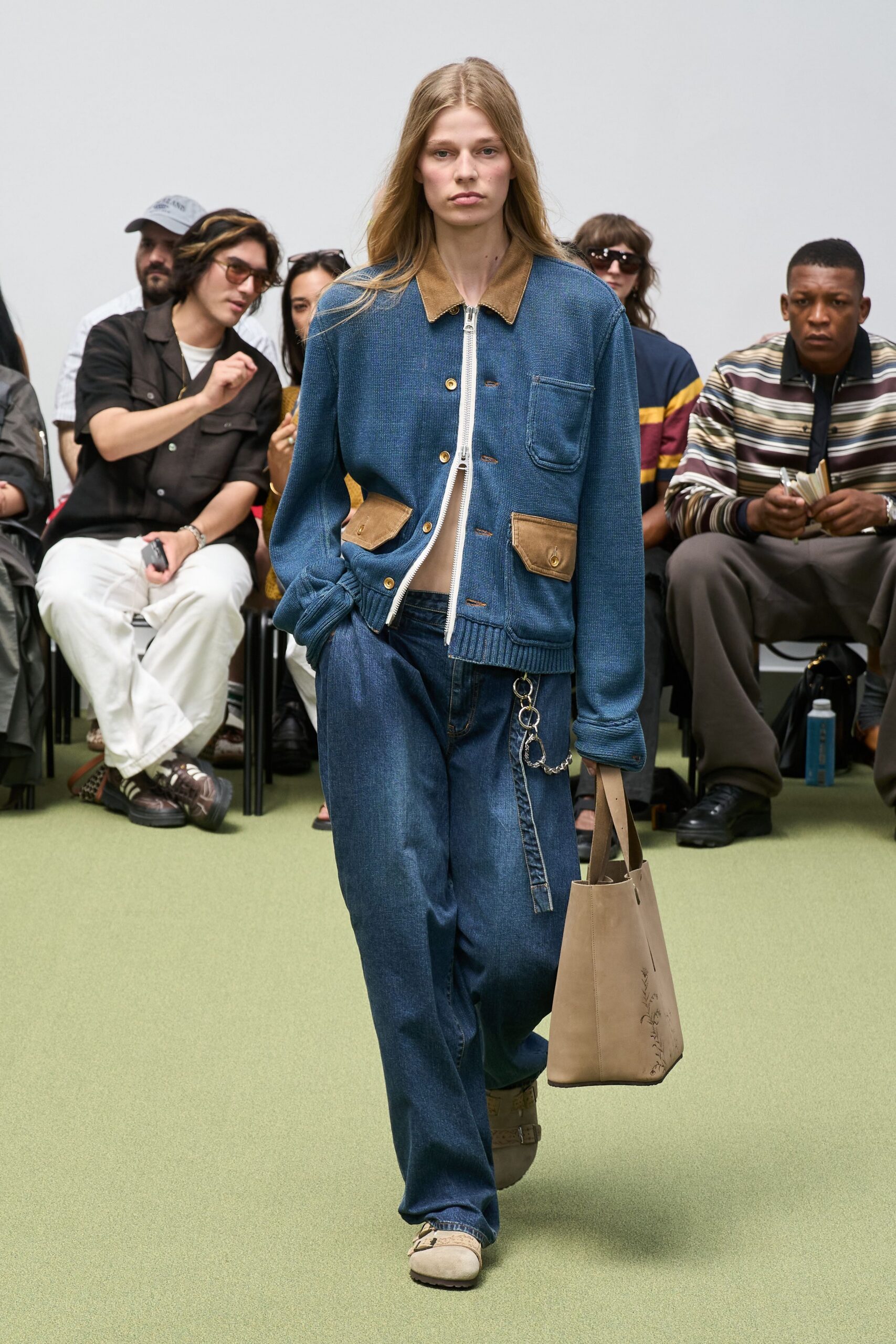 blue denim jacket with wide-leg pants