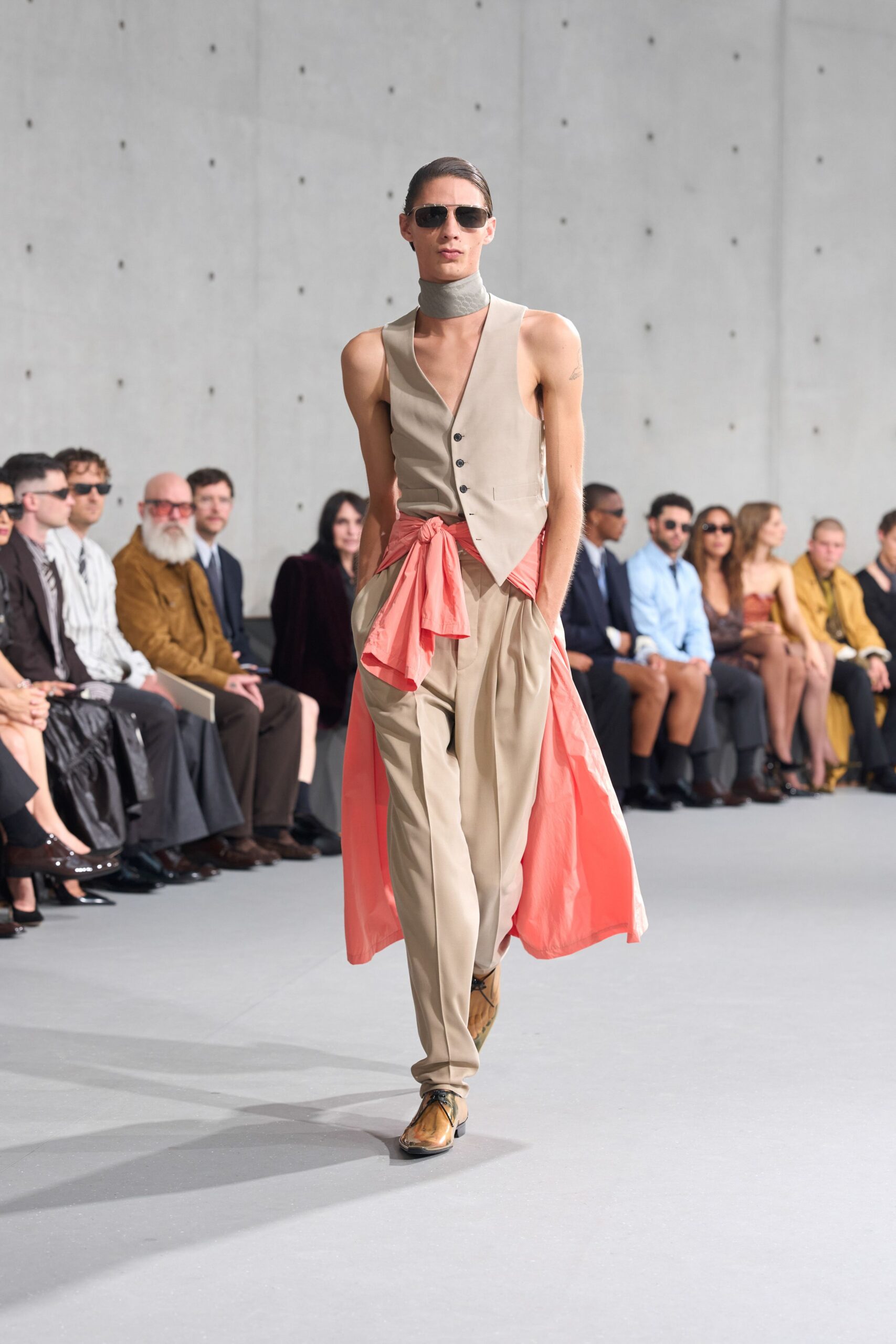 coral silk long-sleeve fitted draped dress