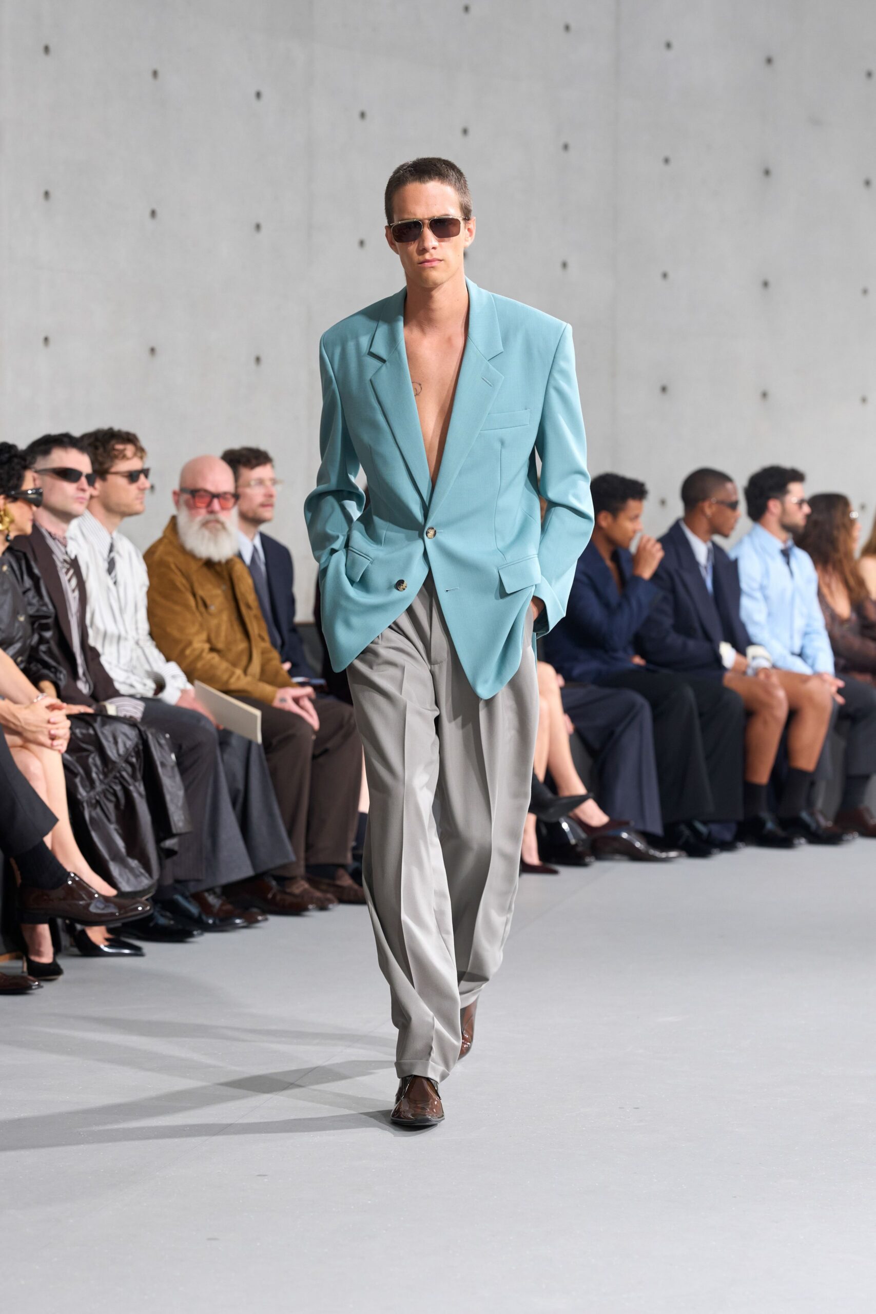 blue tailored blazer gray pants