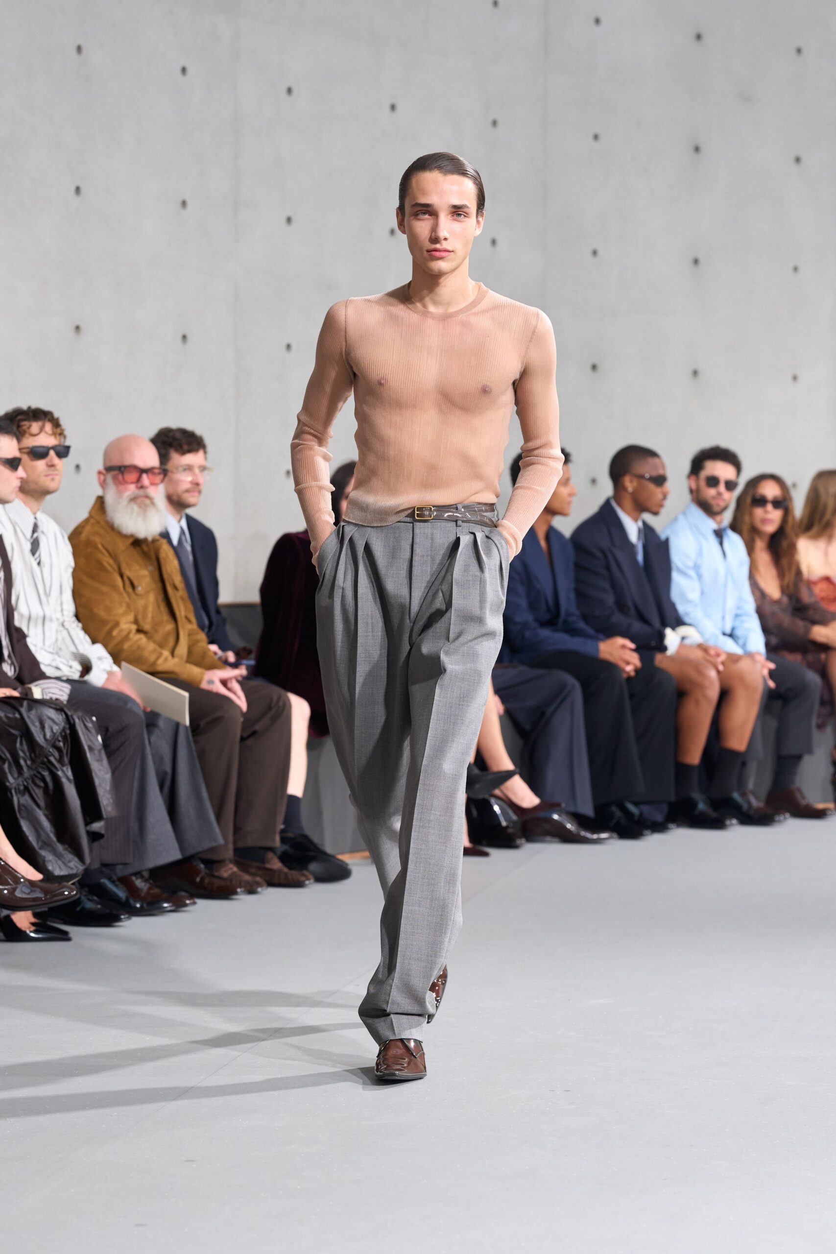 beige fitted top gray relaxed pants