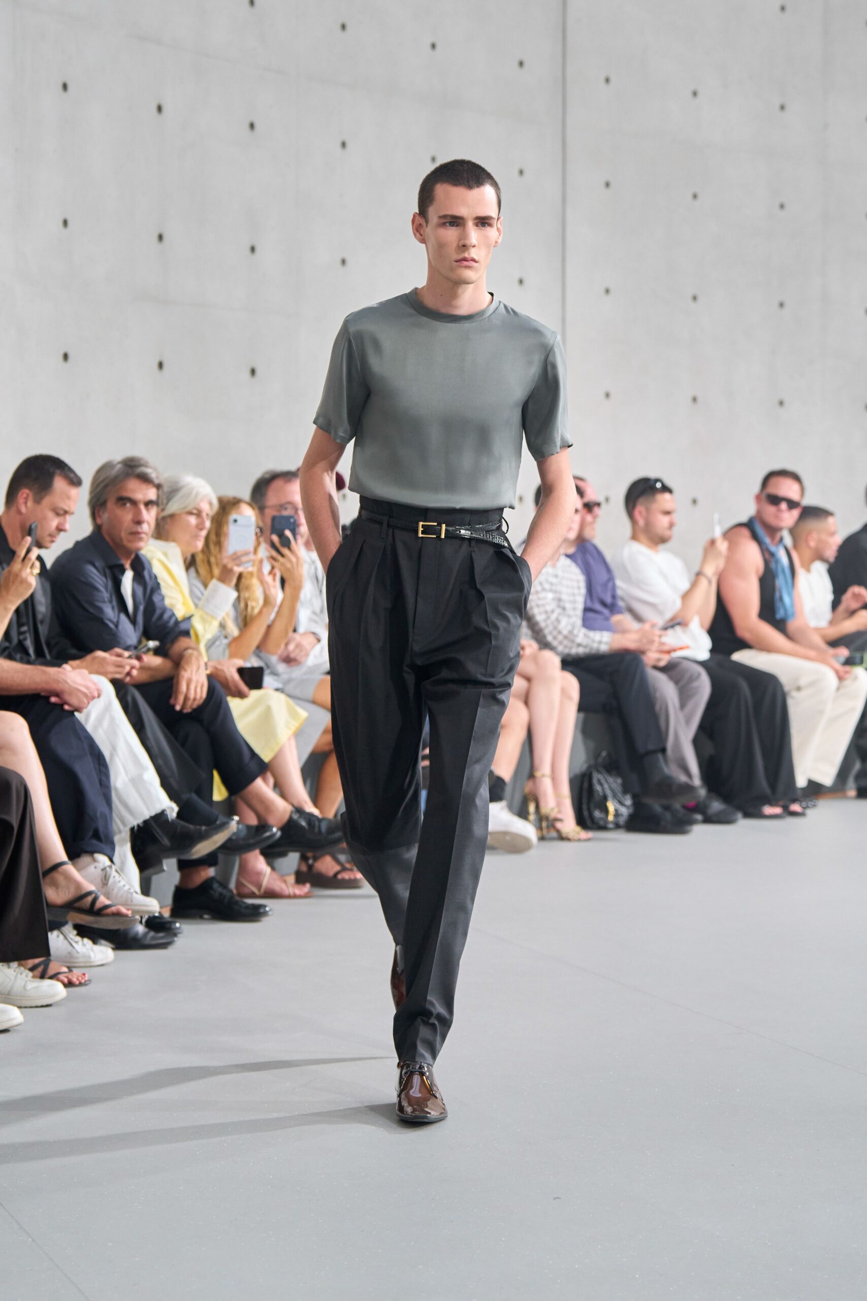 gray silk short-sleeve collared fitted sheer top