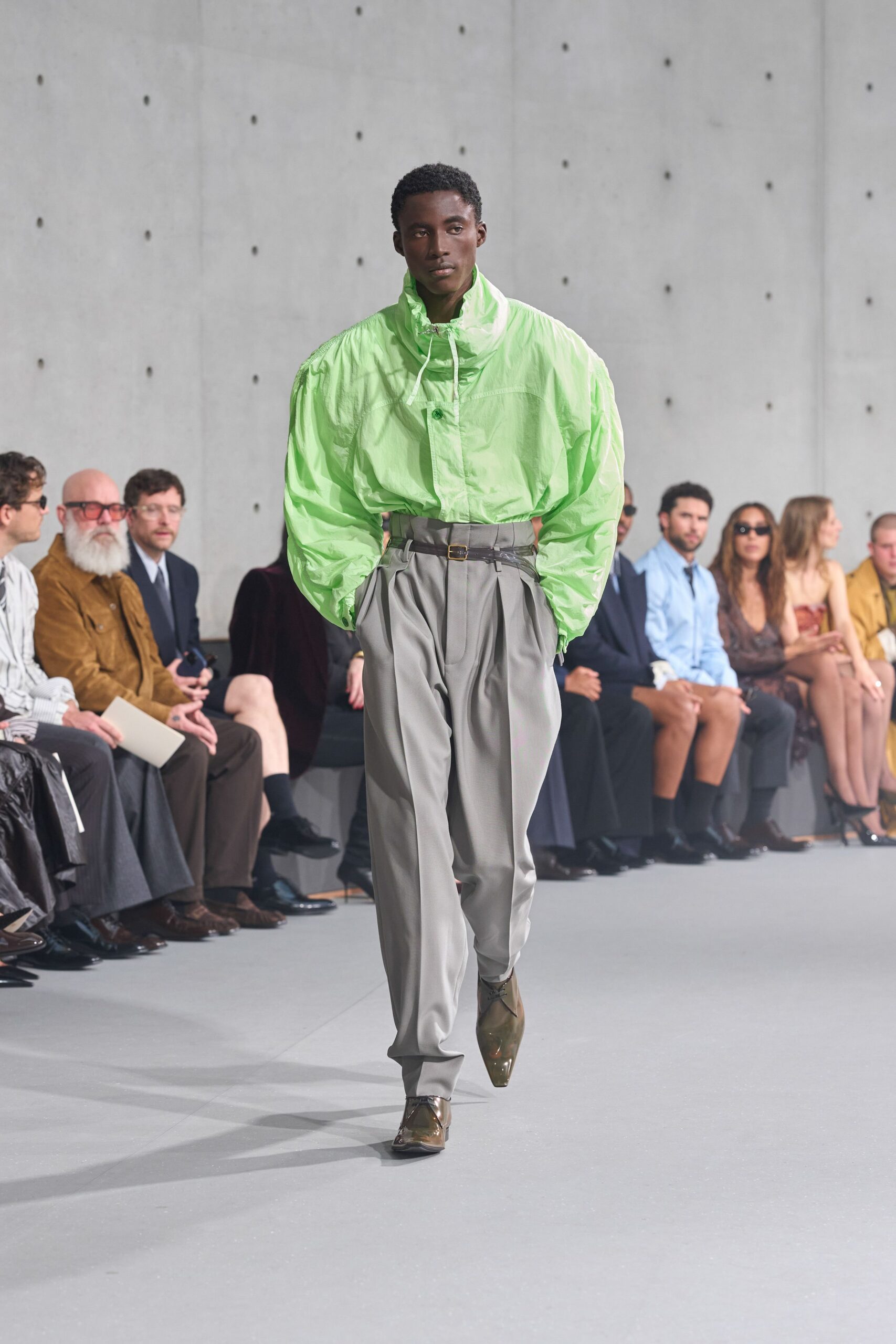 green relaxed shirt gray tailored pants
