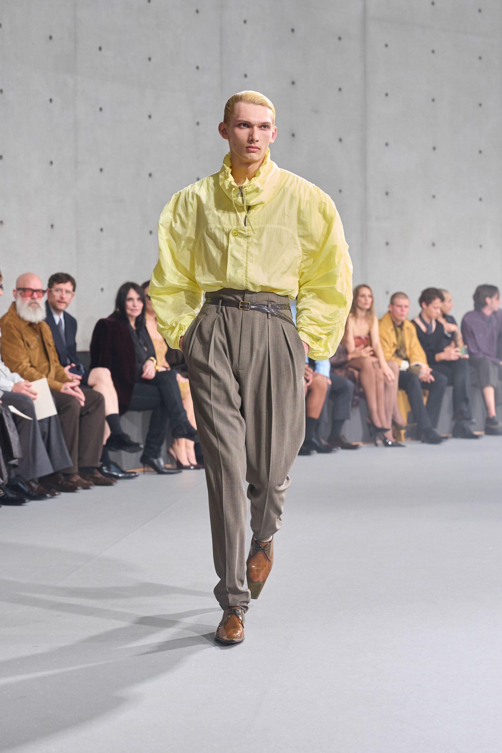 gray wool tailored pleated wide-leg pants