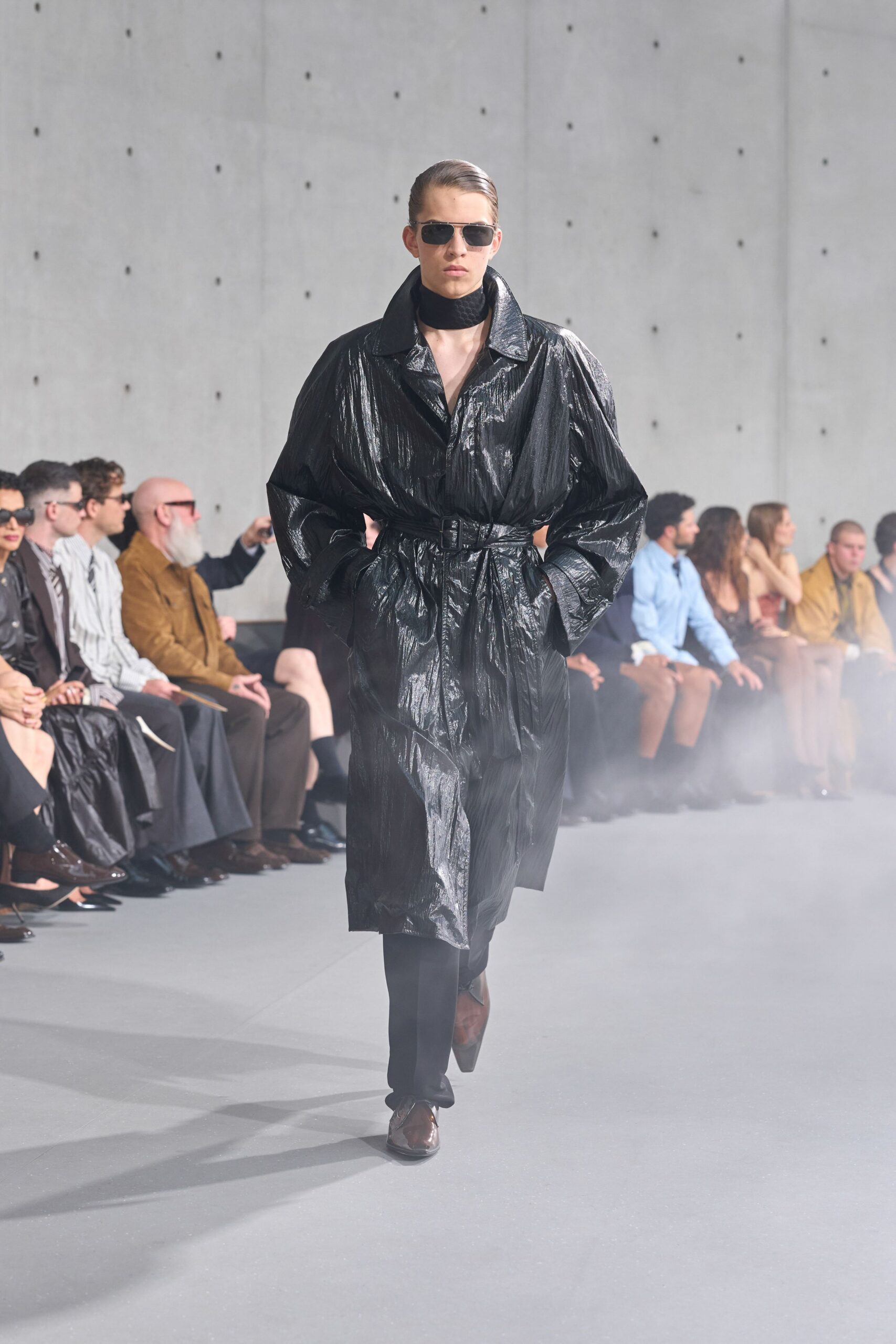 black vinyl long-sleeve collared relaxed belted coat