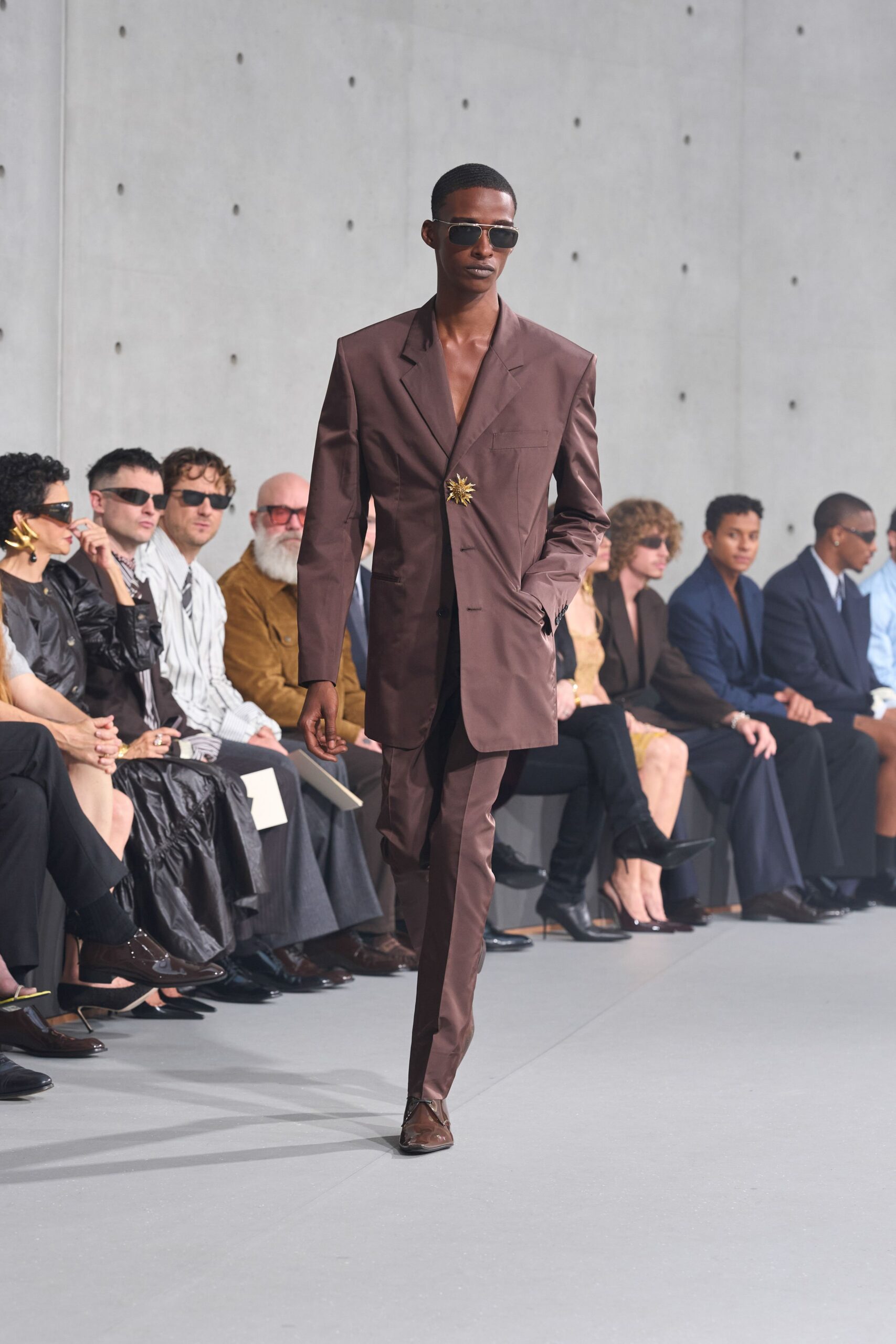 brown silk long-sleeve collared tailored buttoned suit