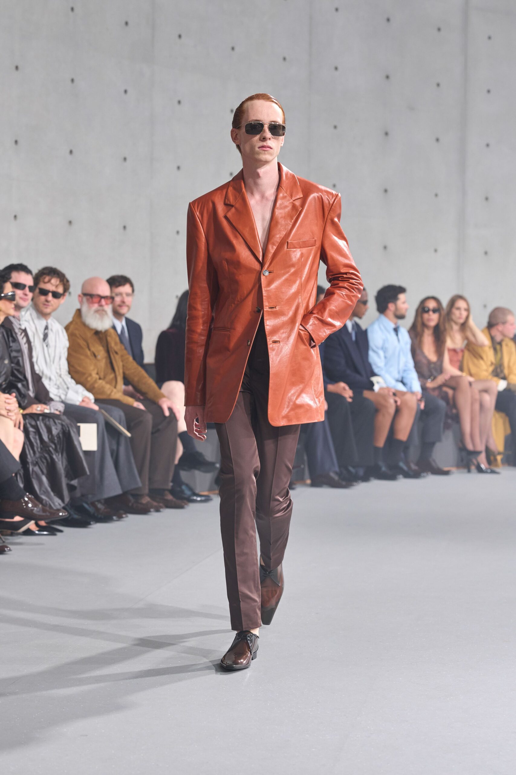 orange vinyl long-sleeve collared structured buttoned shiny blazer