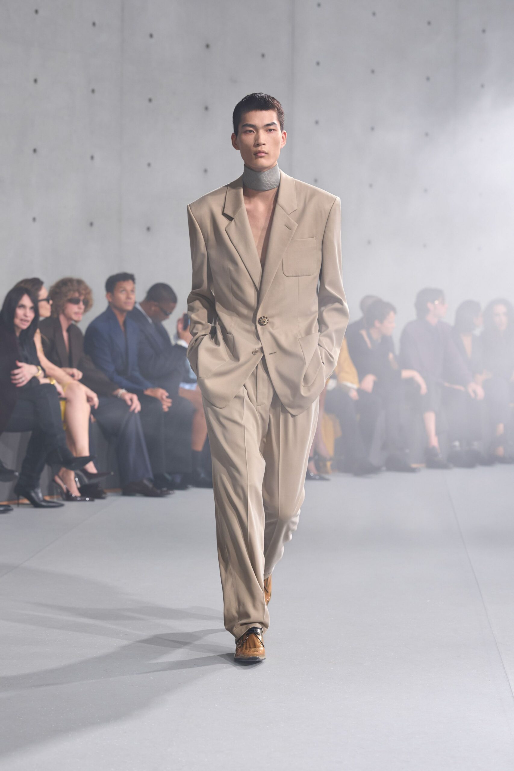 beige long-sleeve collared tailored buttoned suit
