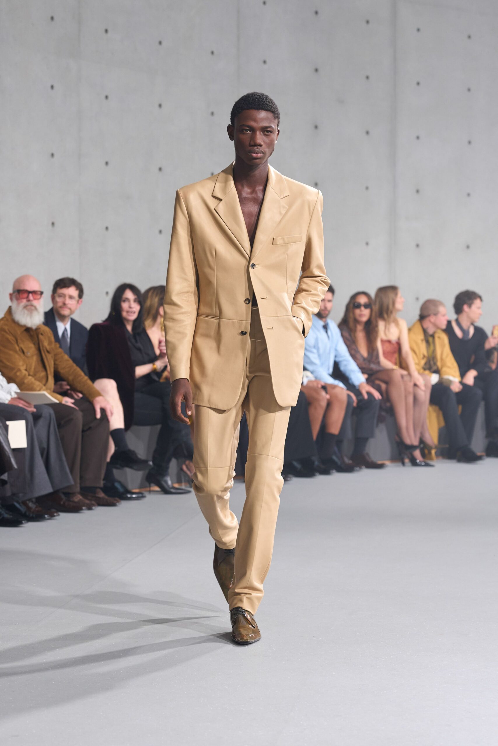 beige long-sleeve collared tailored buttoned suit