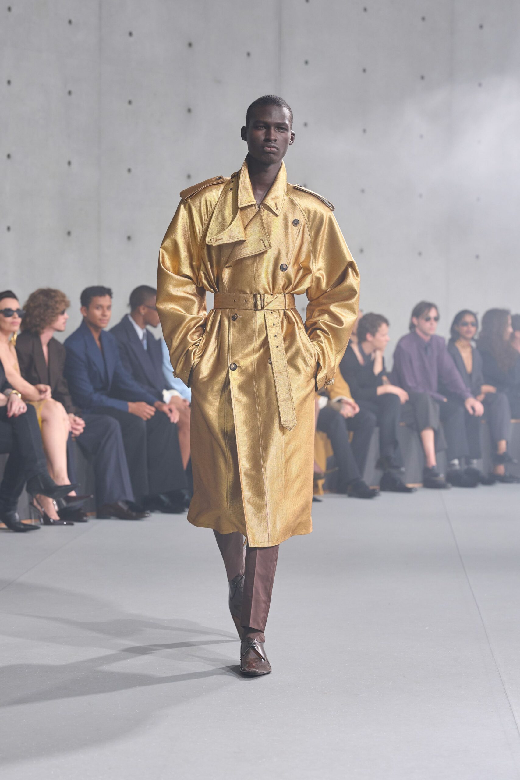 gold silk long-sleeve collared fitted belted shiny trench