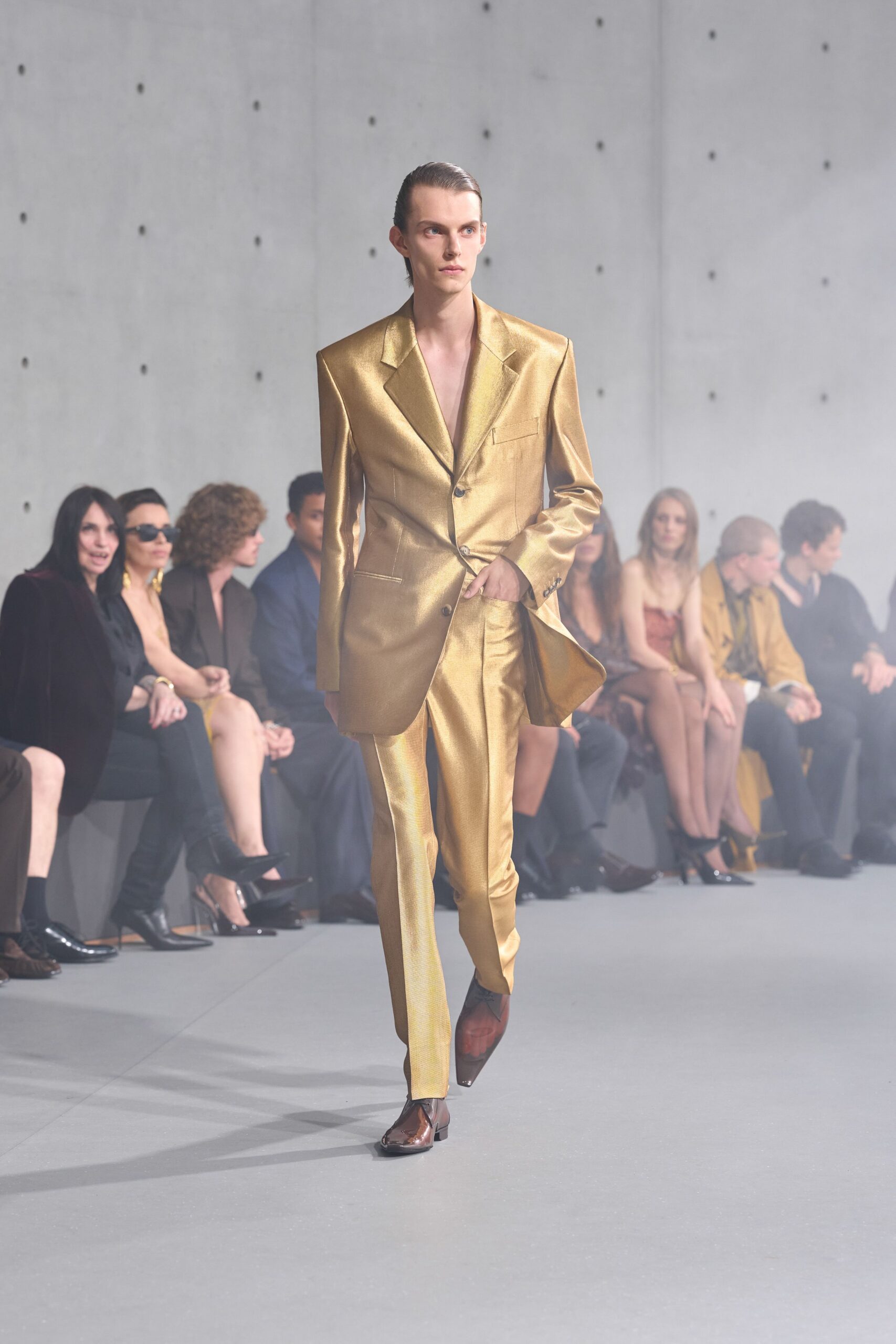 gold satin long-sleeve collared tailored buttoned shiny suit