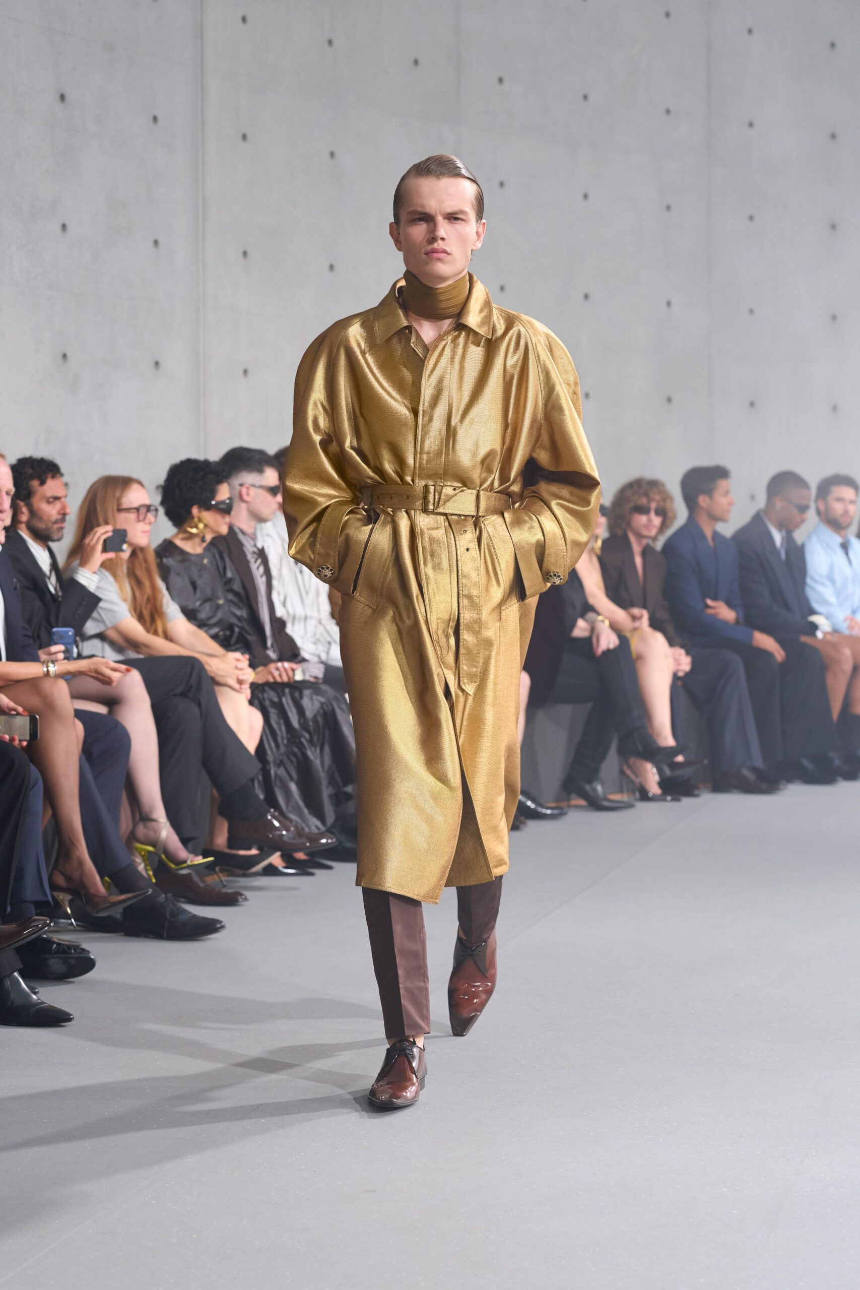 gold silk long-sleeve collared relaxed belted shiny coat
