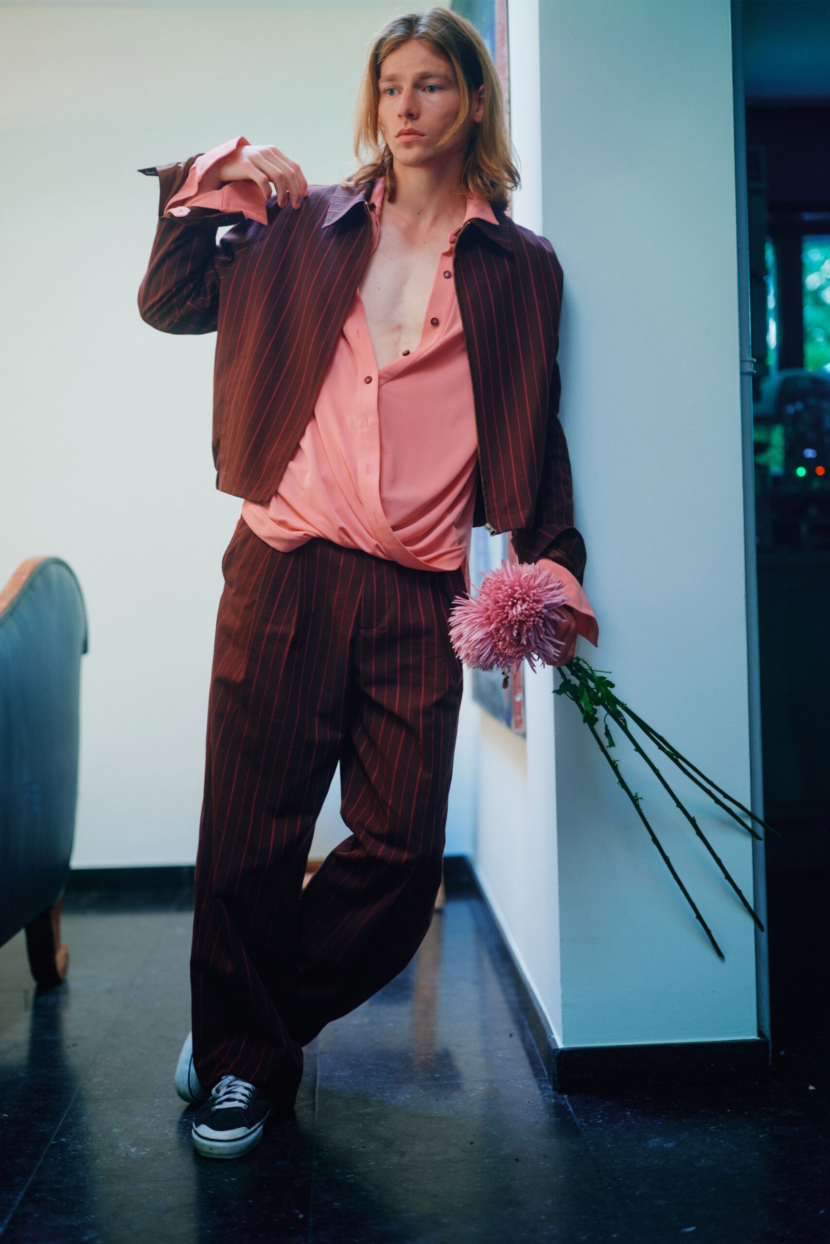 brown striped jacket with pink shirt