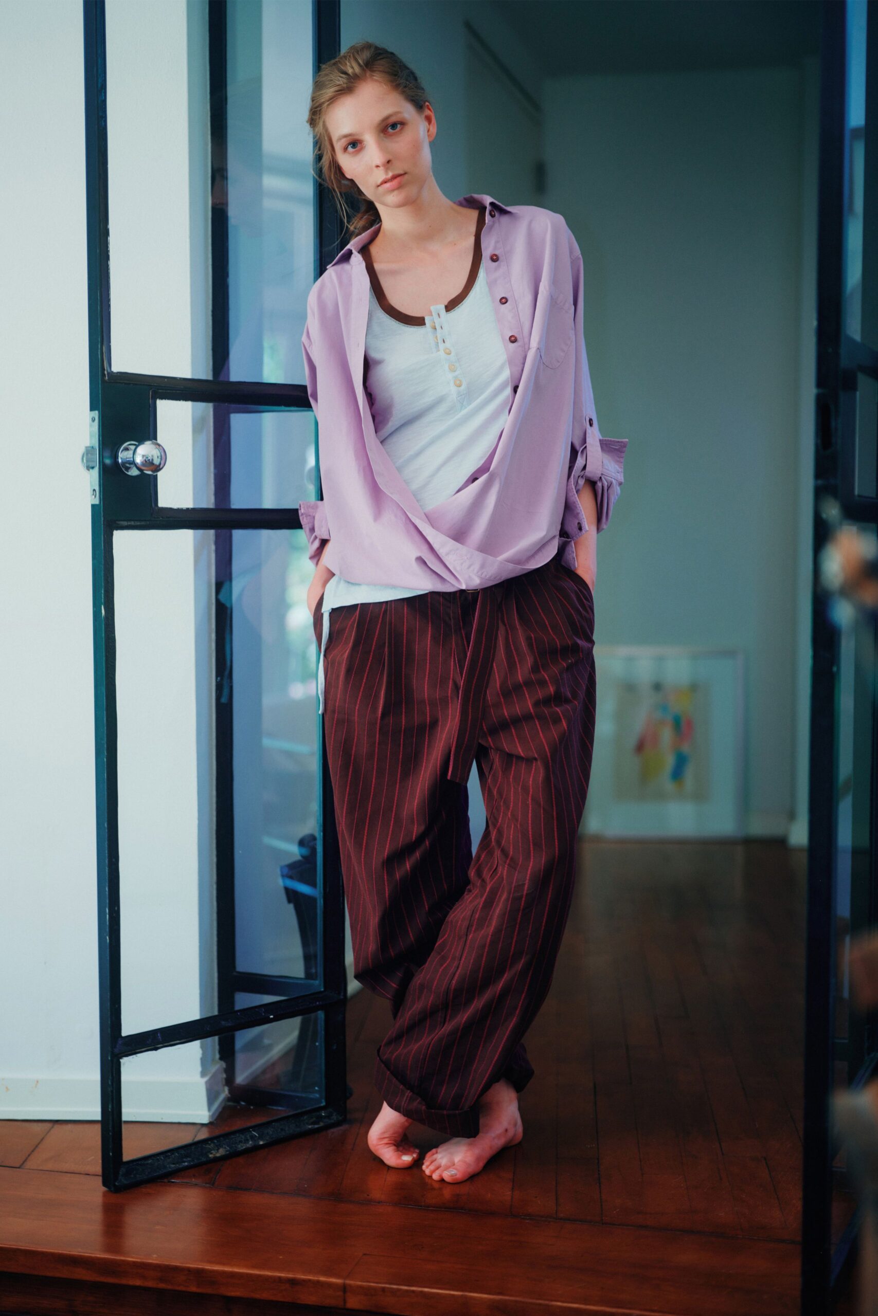 purple cotton long-sleeve collared relaxed buttoned shirt