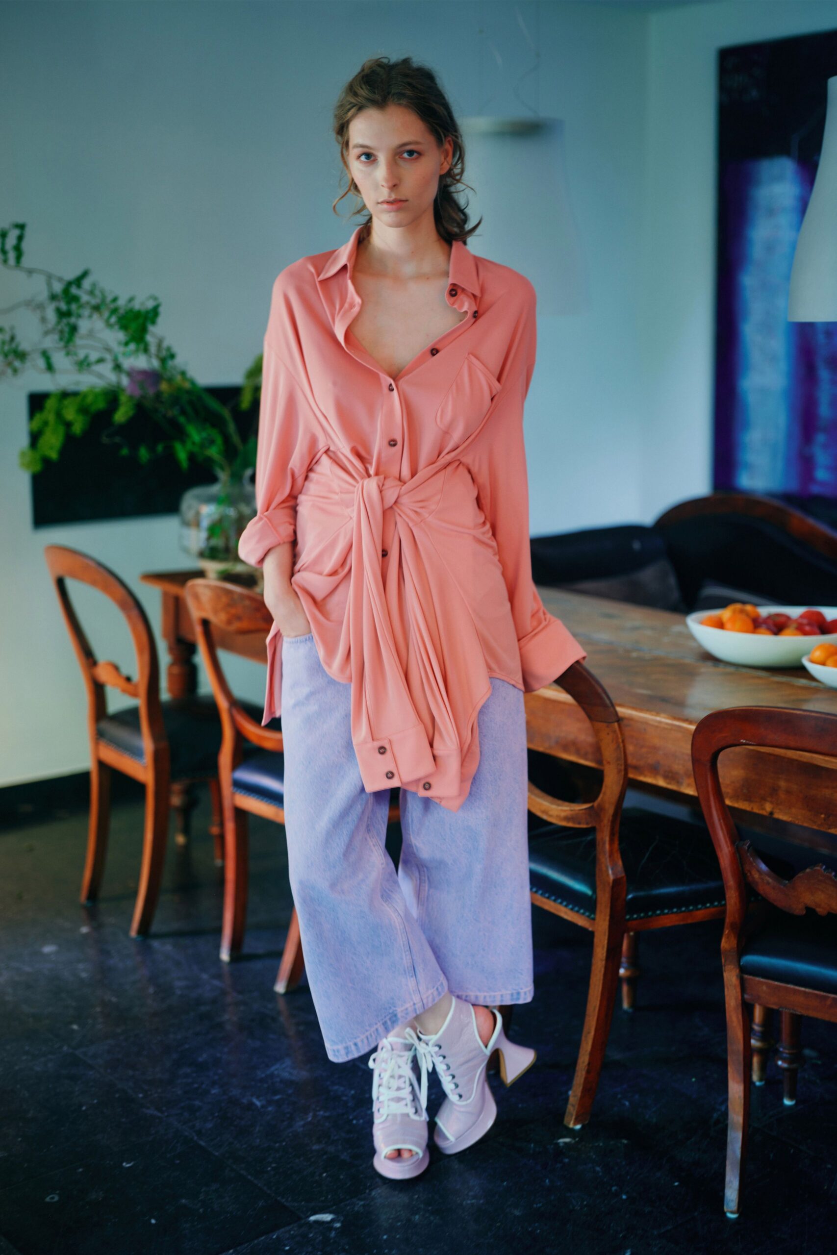 pink cotton long-sleeve collared relaxed buttoned draped shirt