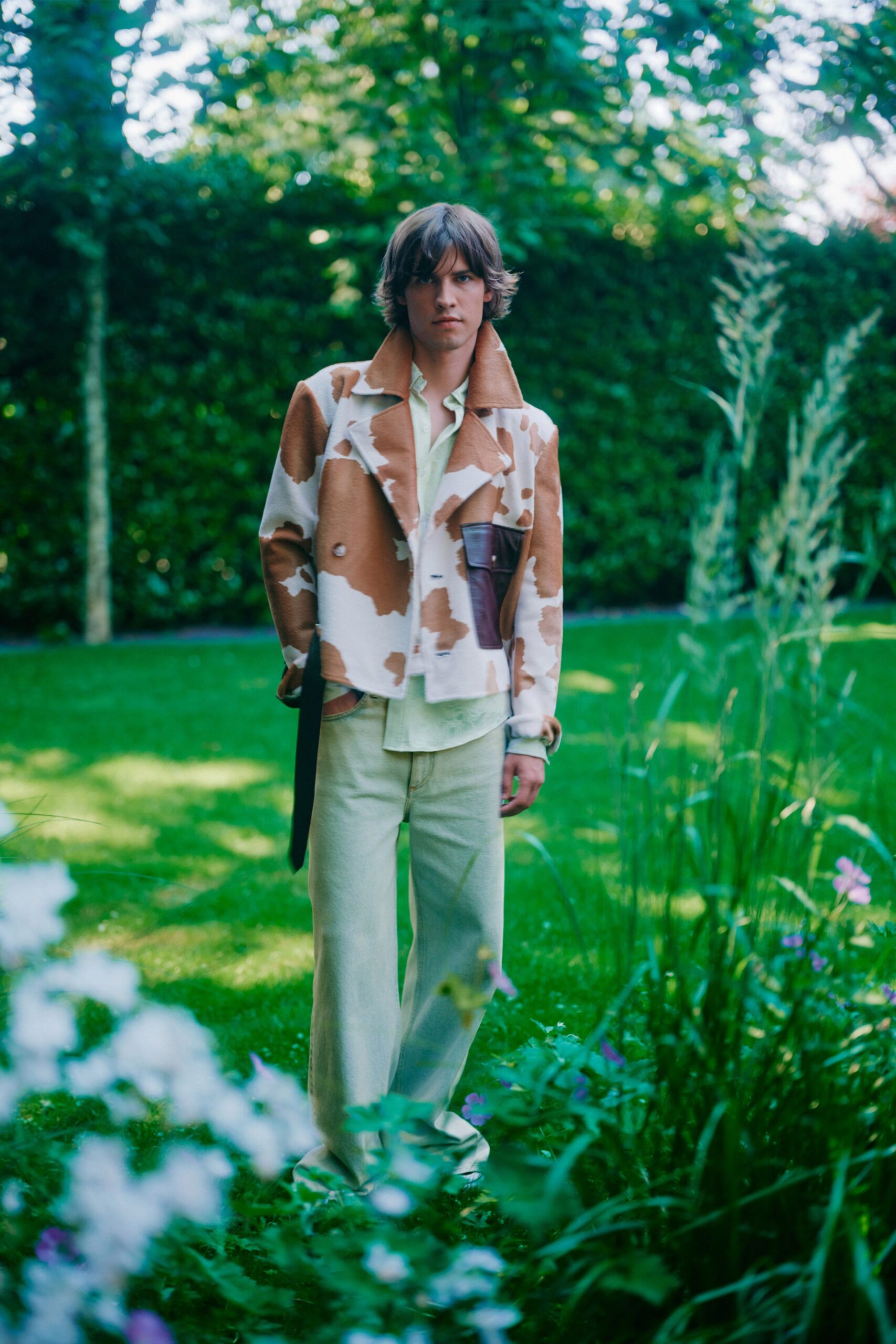 brown cotton long-sleeve collared fitted printed jacket