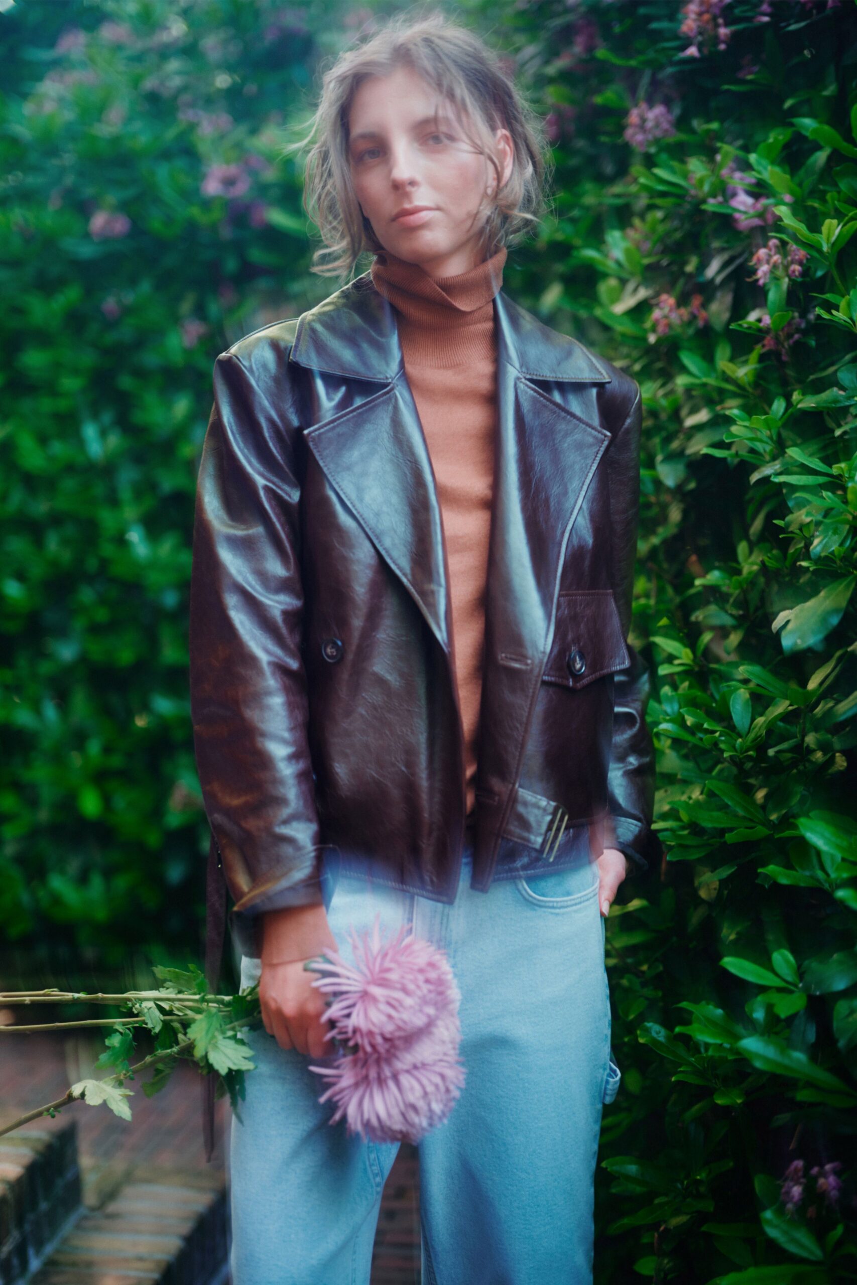 brown leather long-sleeve collared structured buttoned jacket