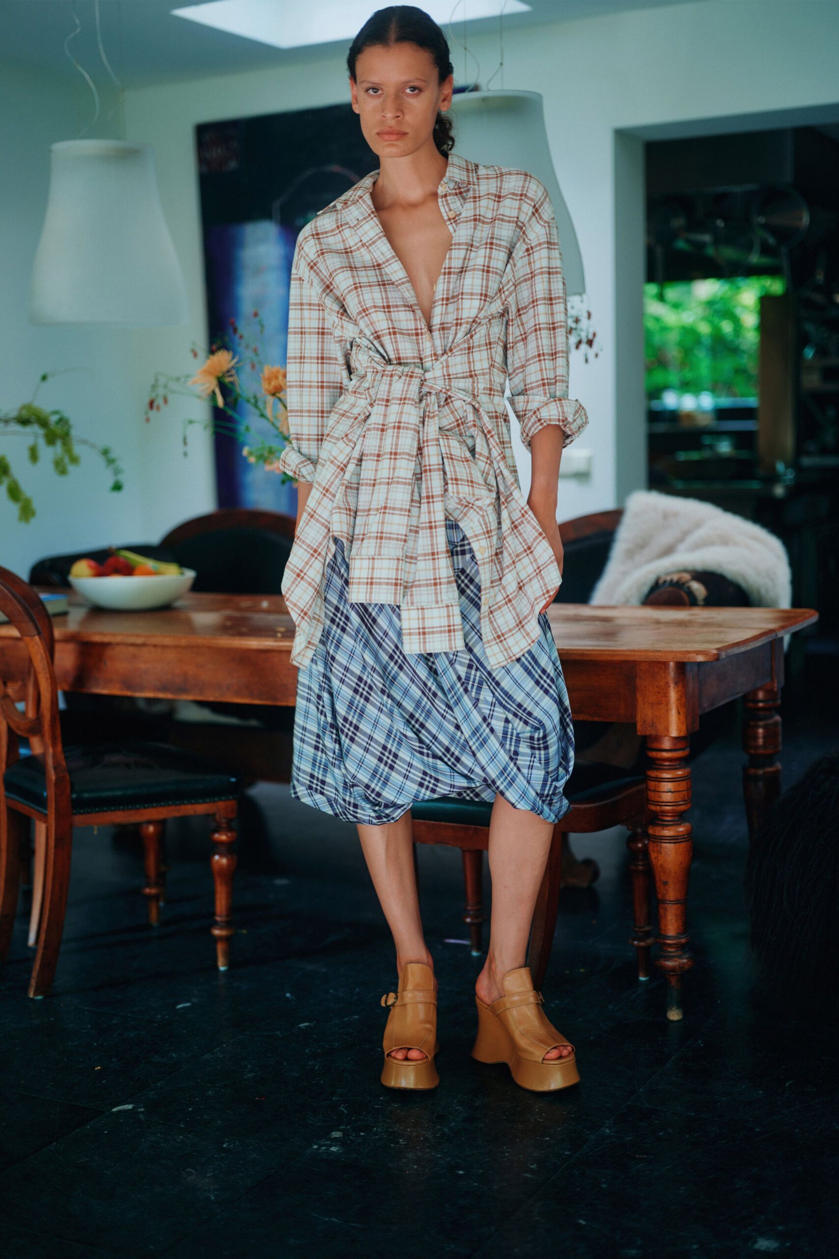 checked shirt-dress with draped skirt