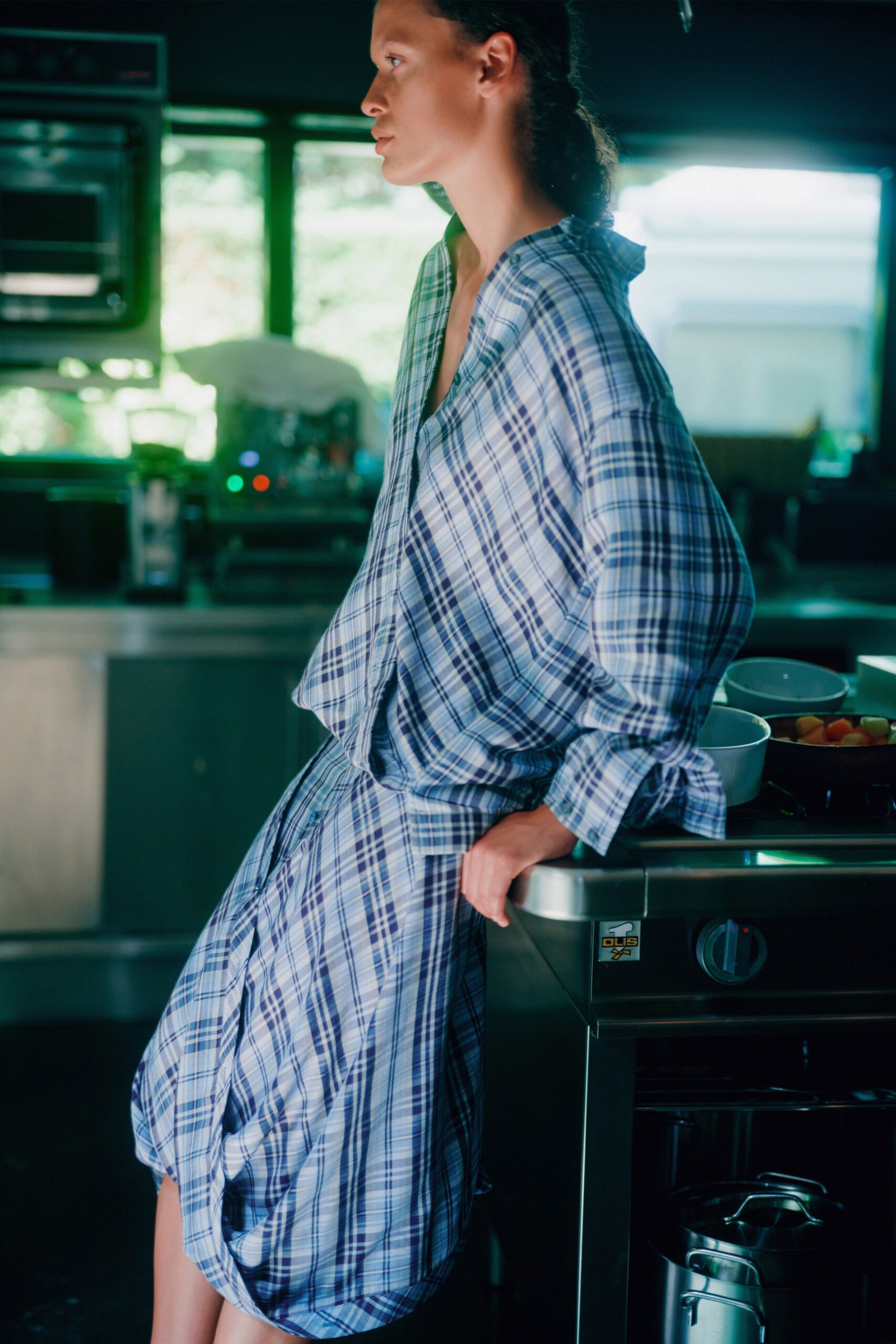 blue and white checked shirt-dress