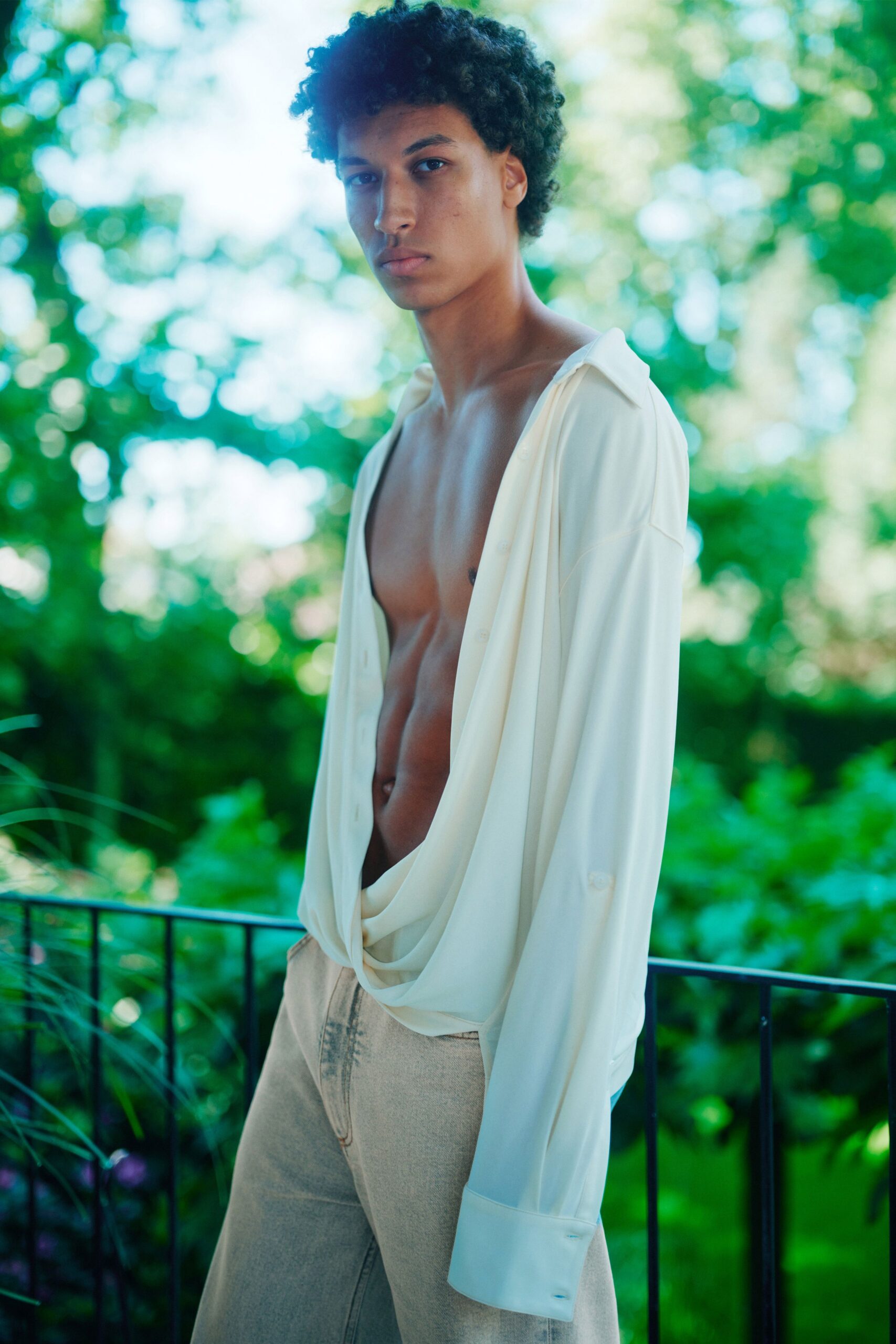 white cotton long-sleeve collared relaxed draped shirt