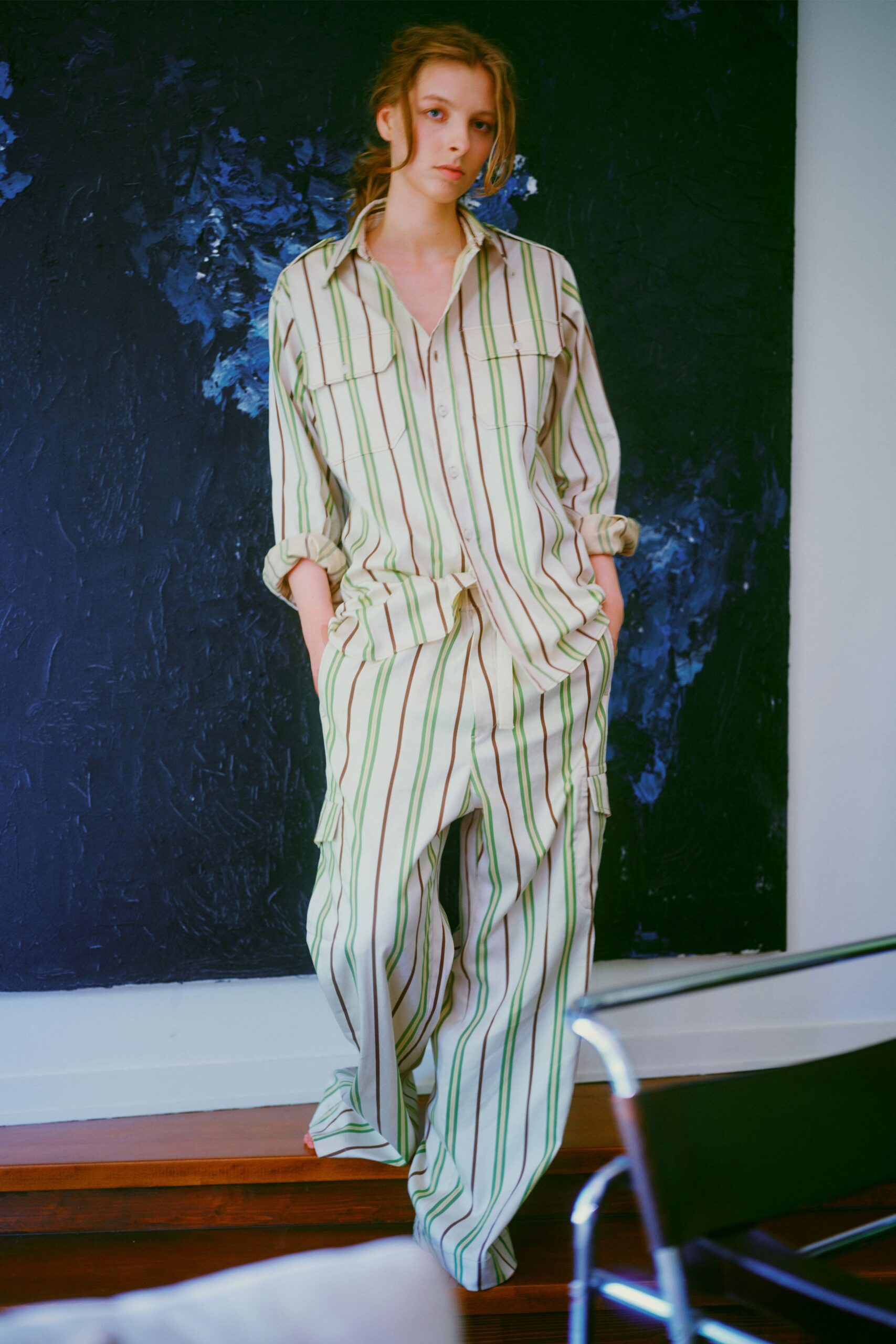 green cotton long-sleeve collared relaxed striped shirt